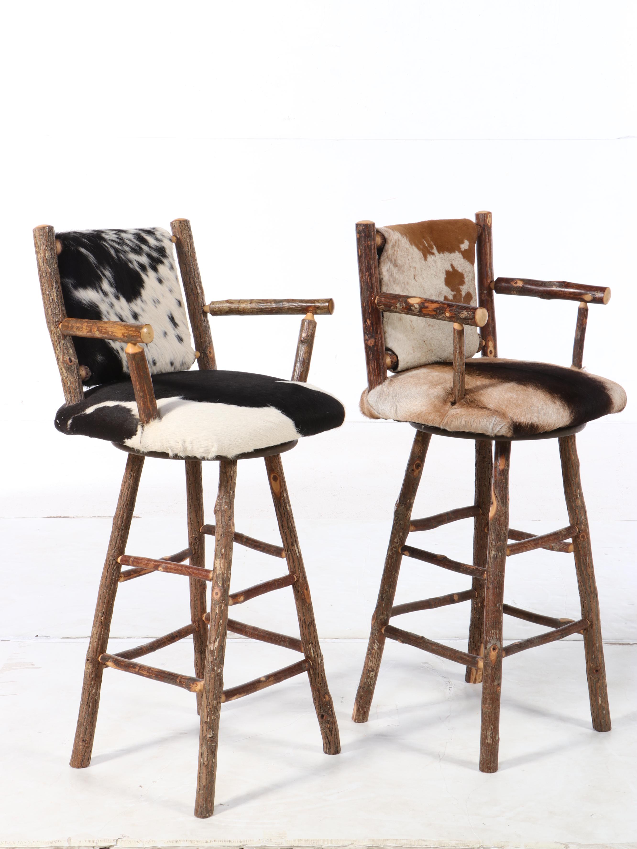 Two Rustic Twig and Cowhide Upholstered Barstools EBTH