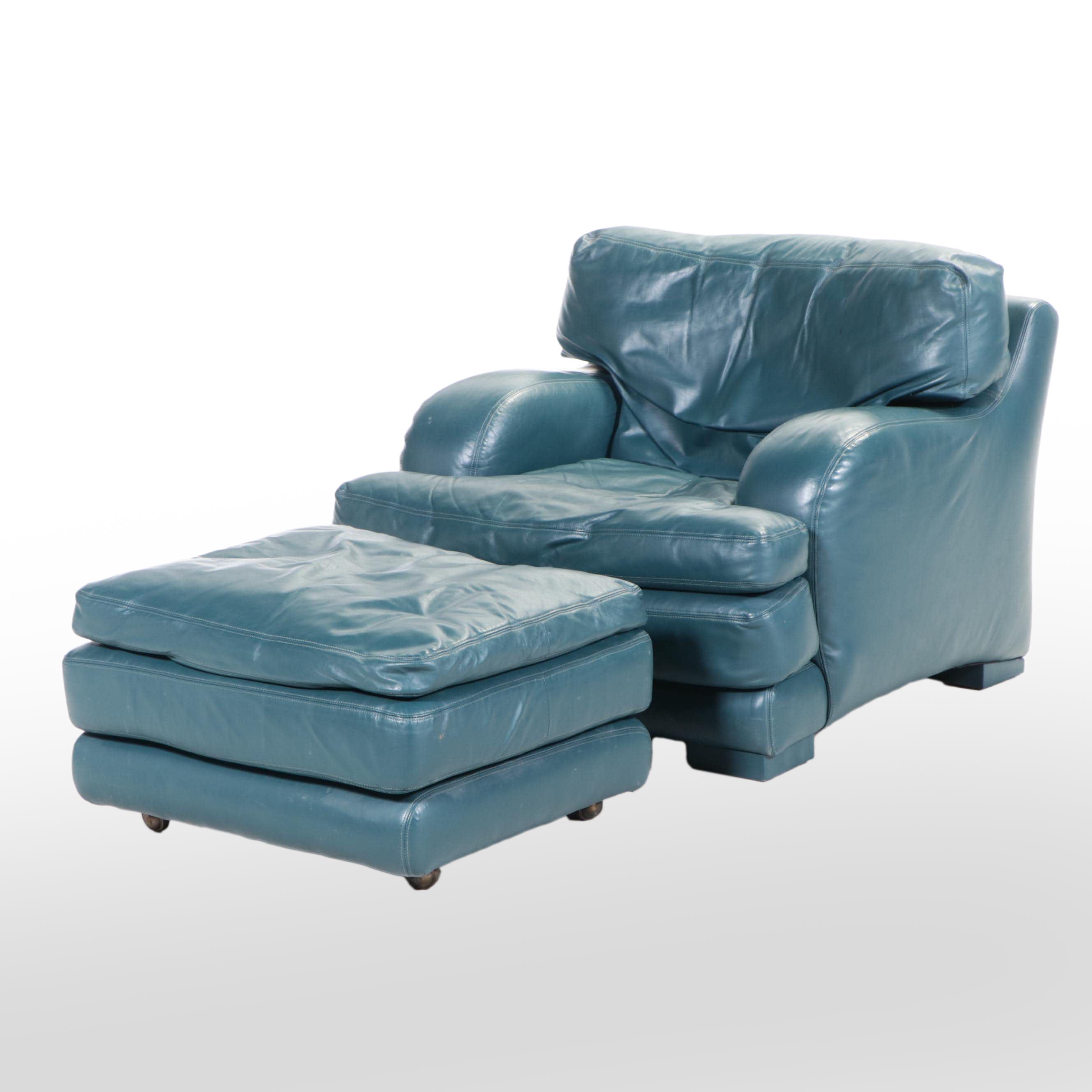 Hancock & Moore Green Leather Lounge Chair and Ottoman, Late 20th Century