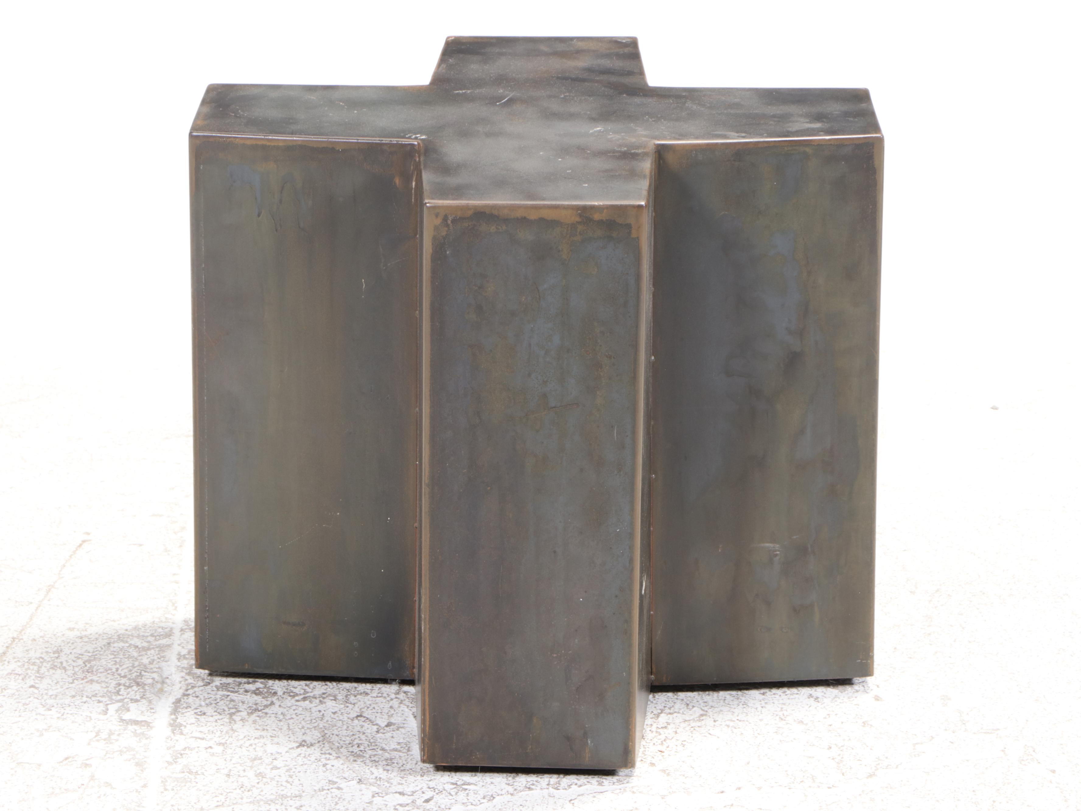 Modernist Style Patinated Metal X-Shaped Side Table on Casters