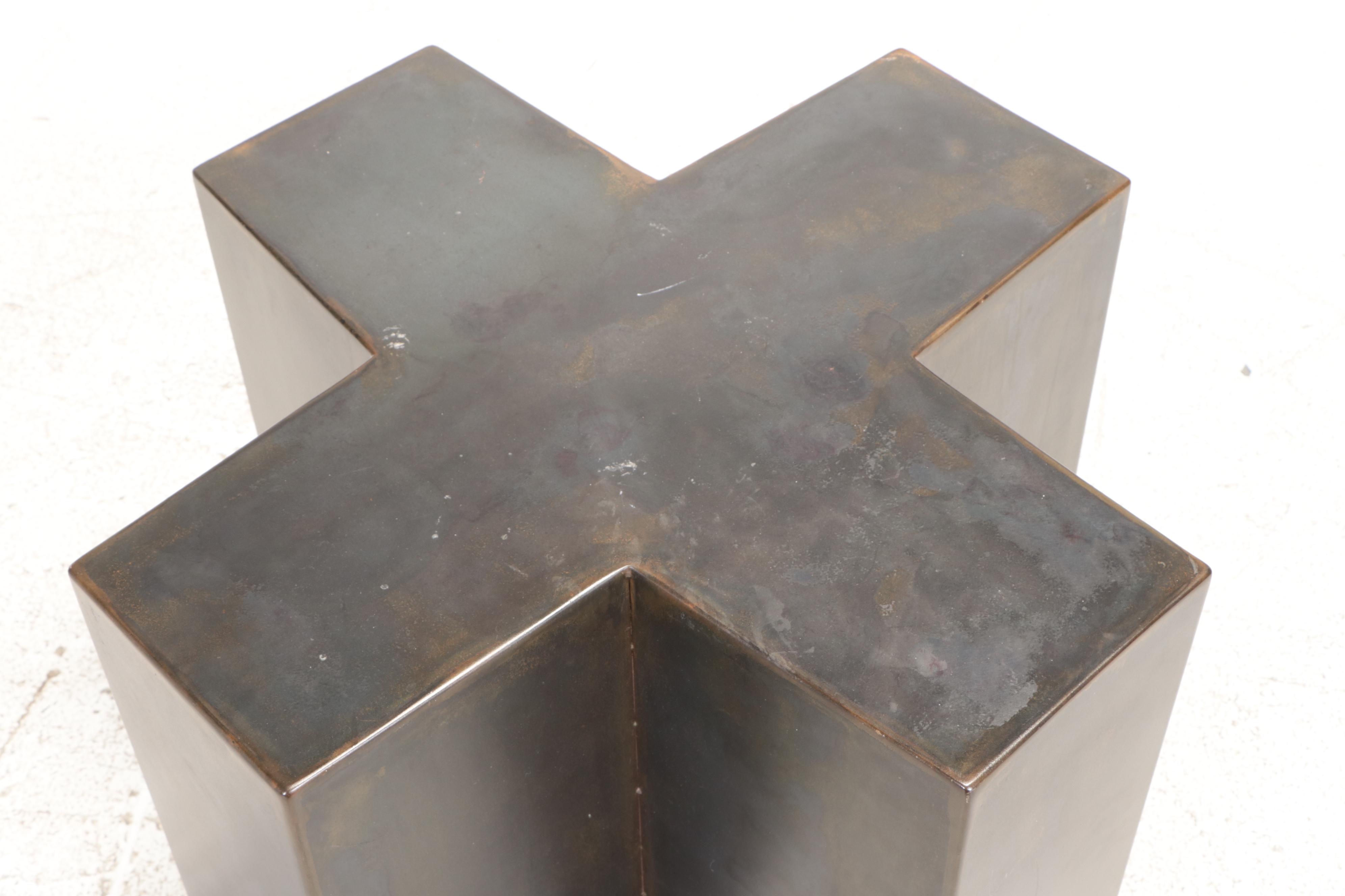 Modernist Style Patinated Metal X-Shaped Side Table on Casters