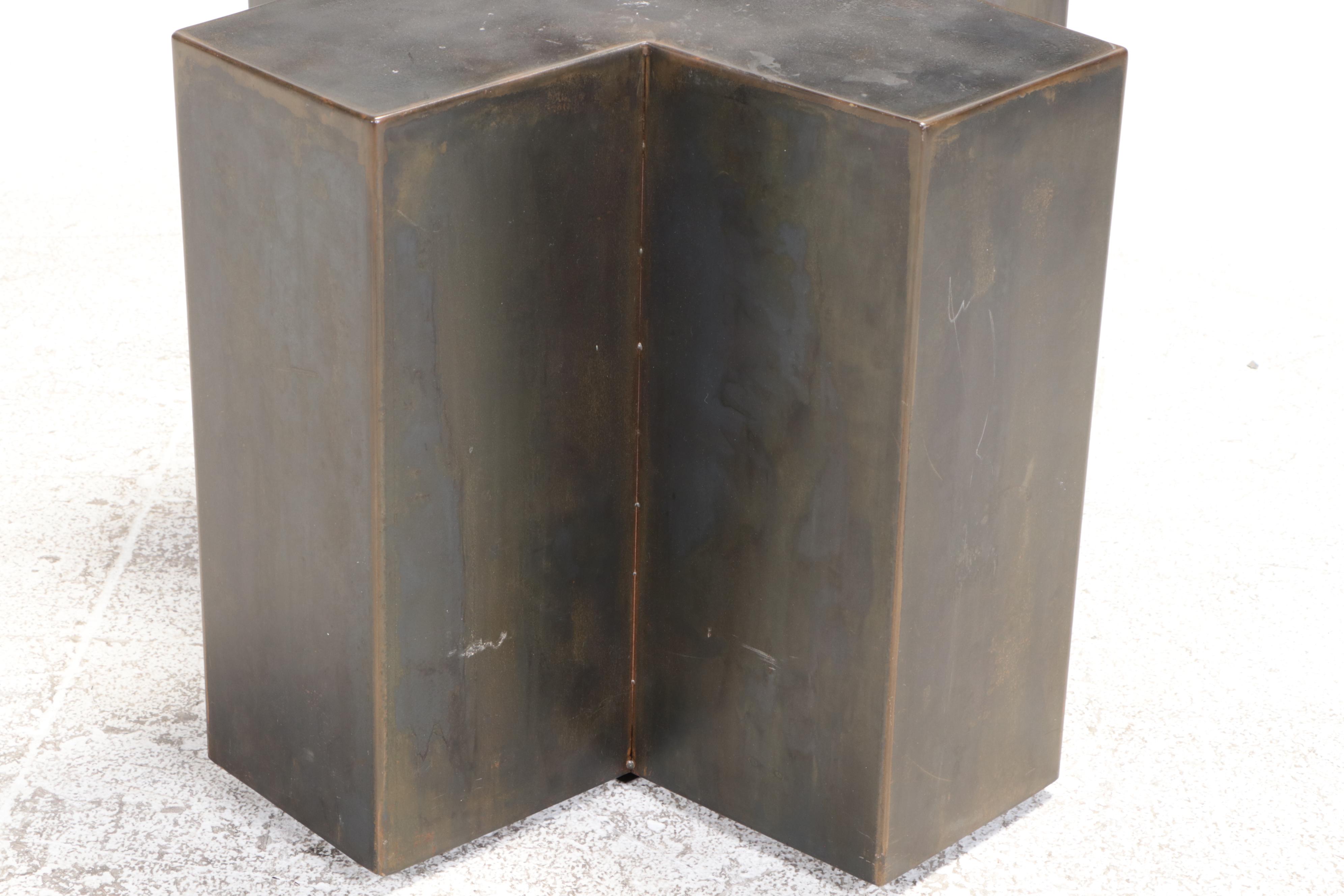 Modernist Style Patinated Metal X-Shaped Side Table on Casters