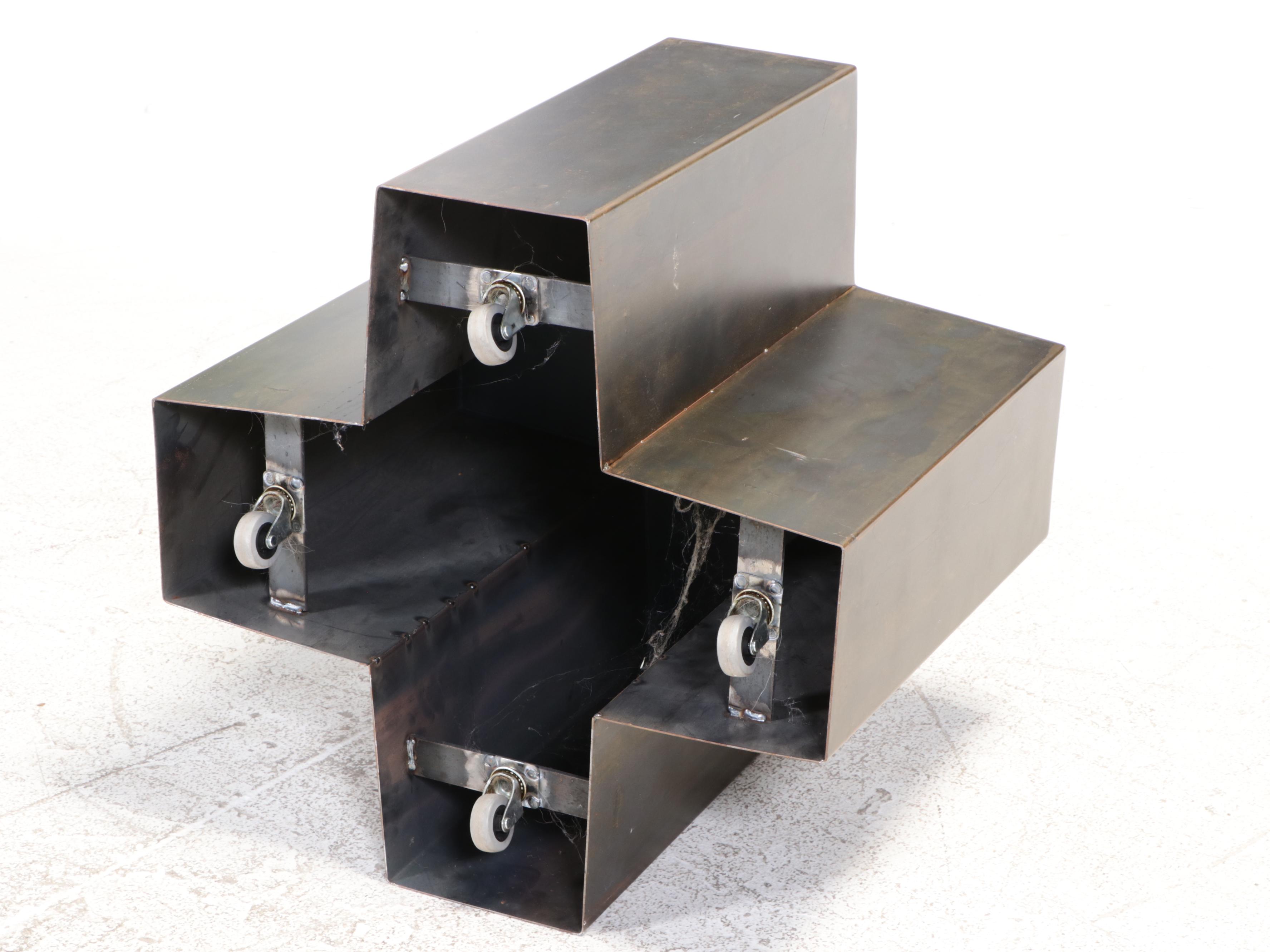 Modernist Style Patinated Metal X-Shaped Side Table on Casters