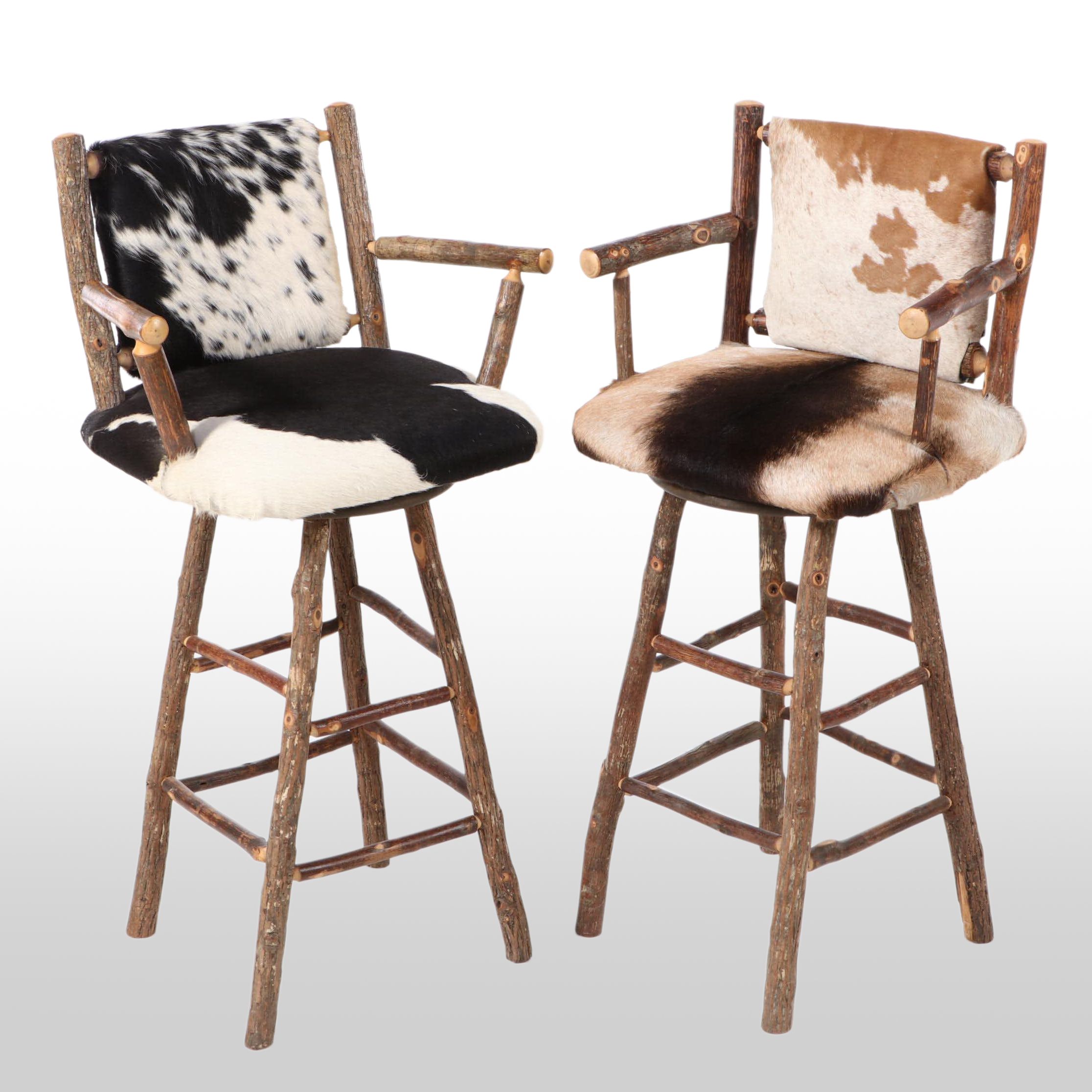 Two Rustic Twig and Cowhide Upholstered Barstools EBTH