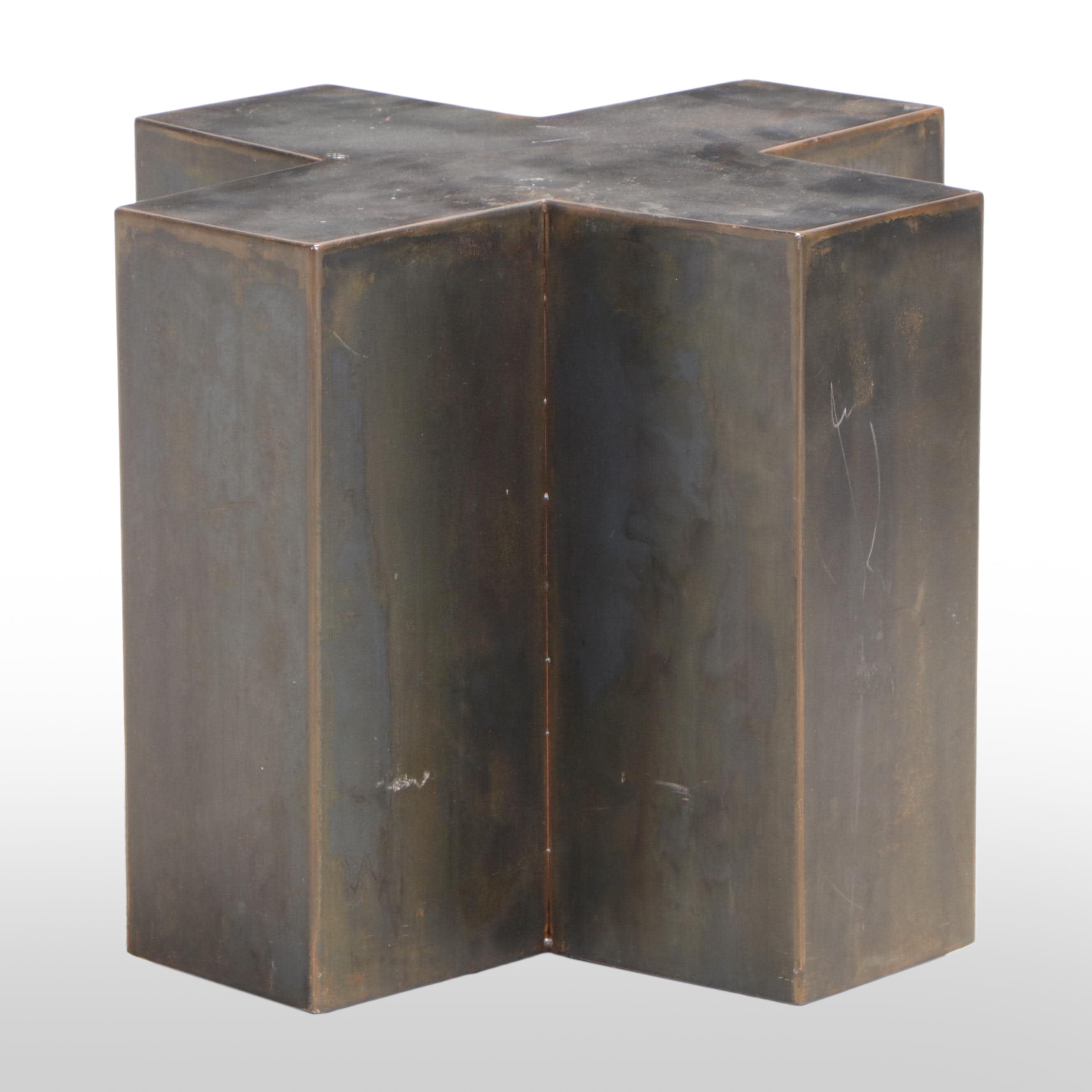 Modernist Style Patinated Metal X-Shaped Side Table on Casters