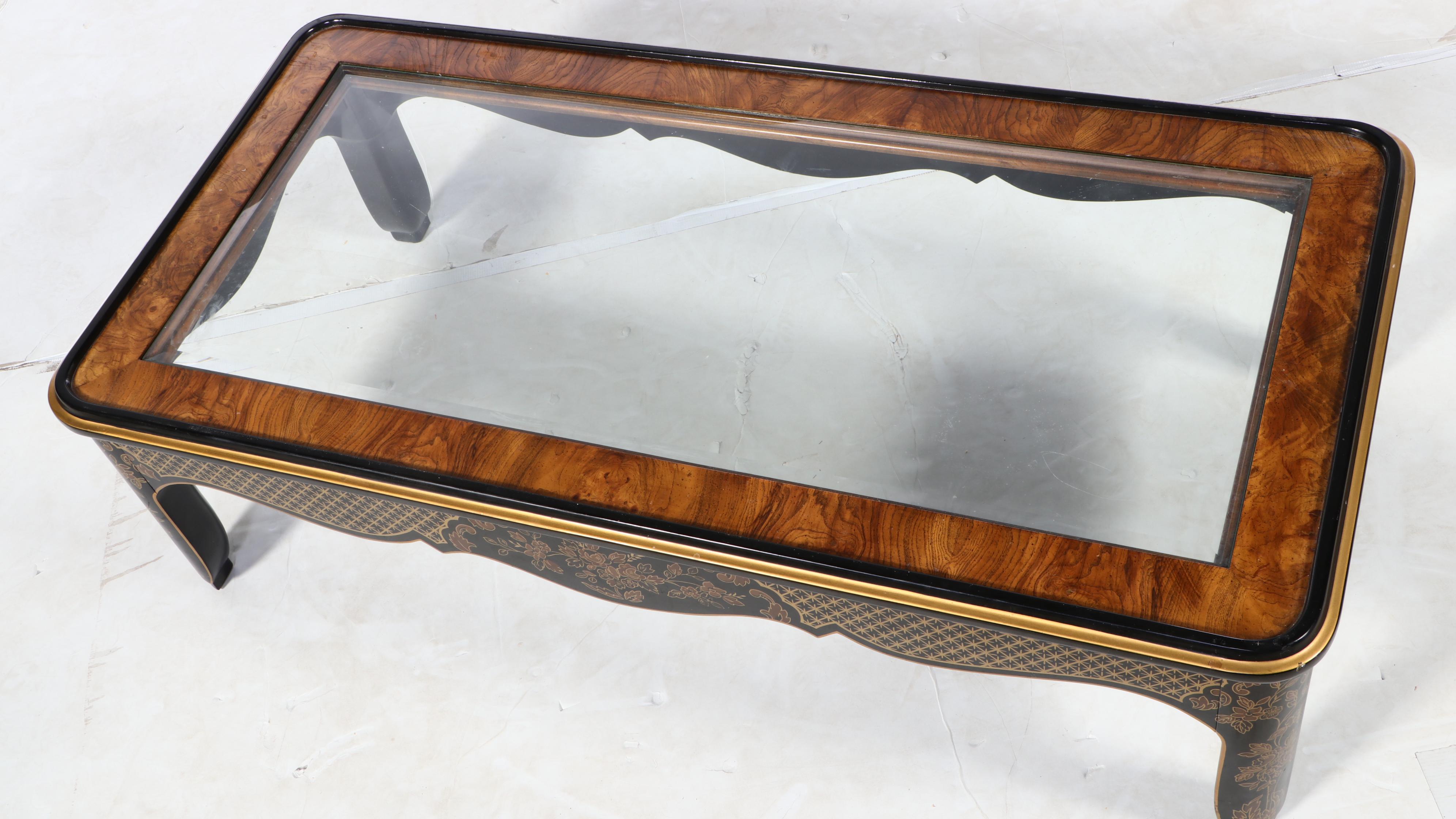 Drexel Heritage Chinese Style Black-Lacquered, Elm, and Glass Top Coffee Table