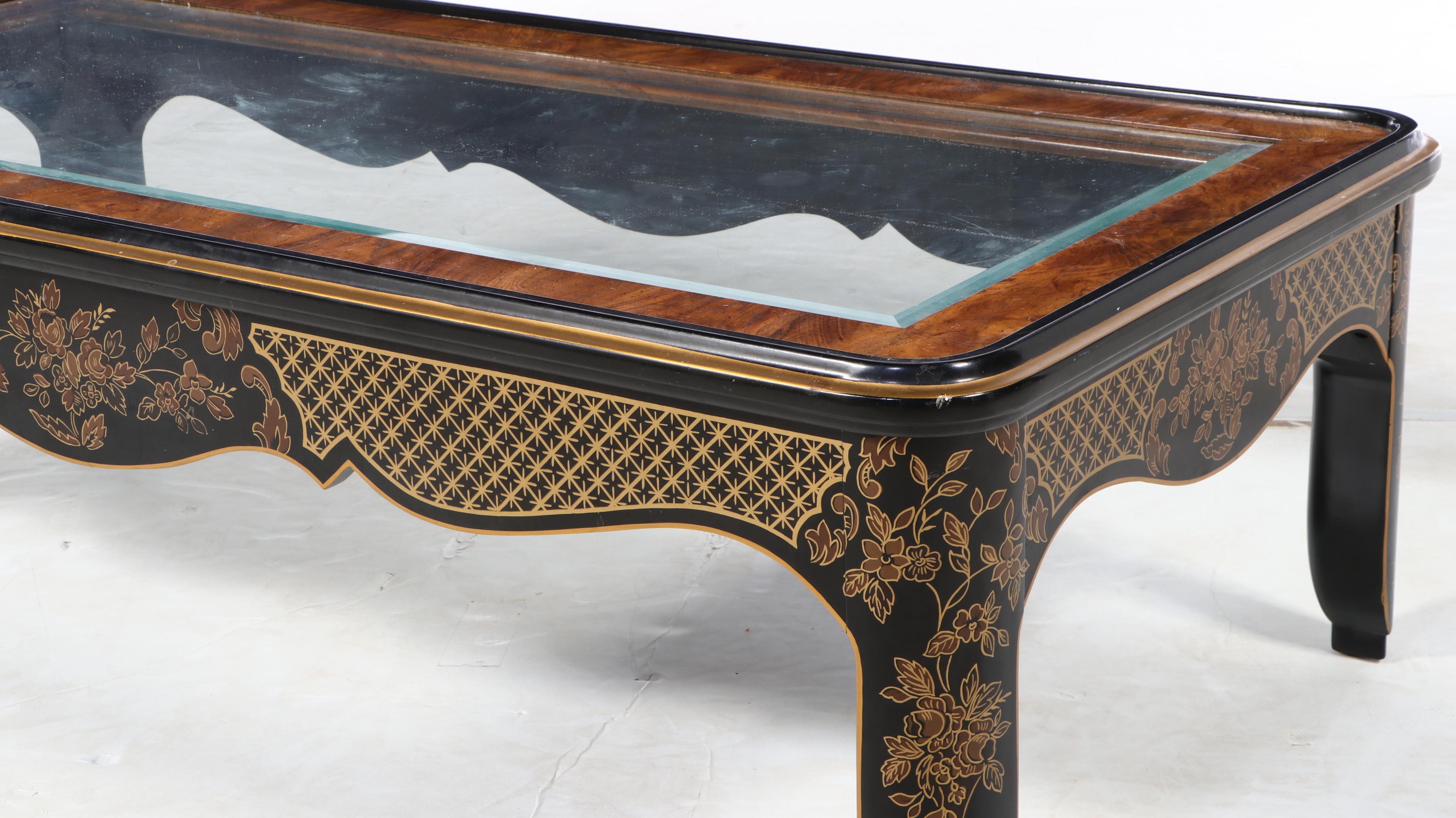 Drexel Heritage Chinese Style Black-Lacquered, Elm, and Glass Top Coffee Table