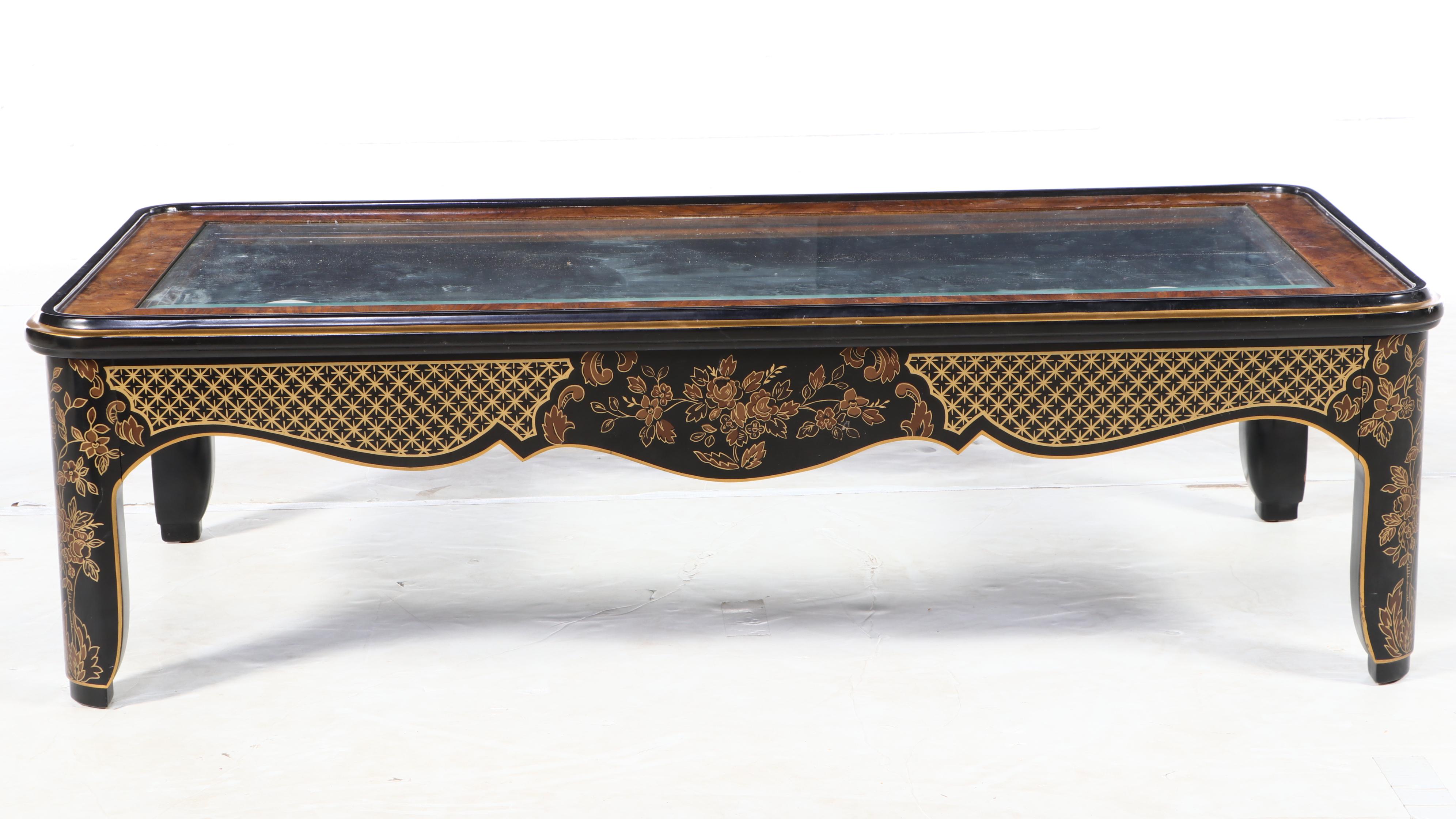 Drexel Heritage Chinese Style Black-Lacquered, Elm, and Glass Top Coffee Table