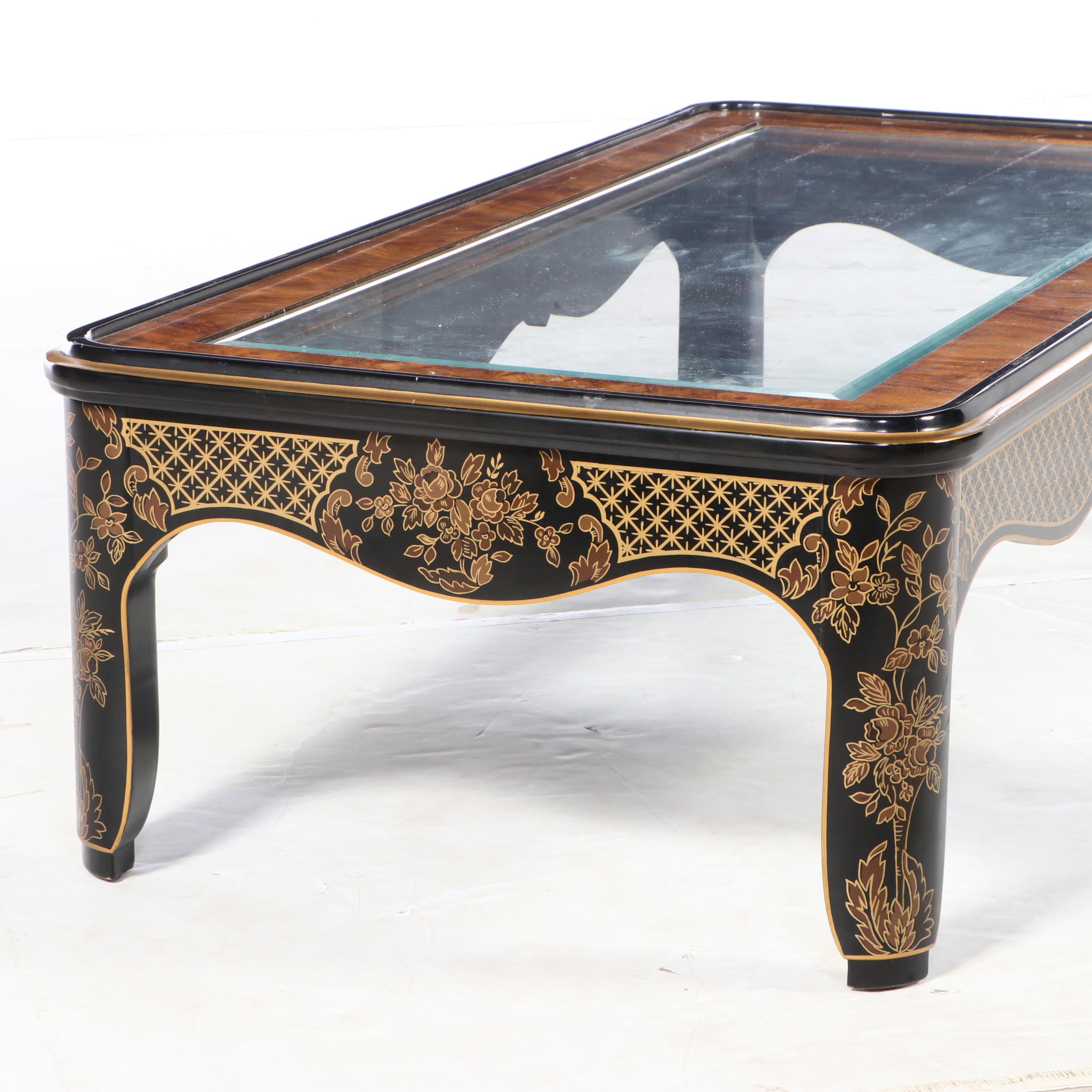 Drexel Heritage Chinese Style Black-Lacquered, Elm, and Glass Top Coffee Table