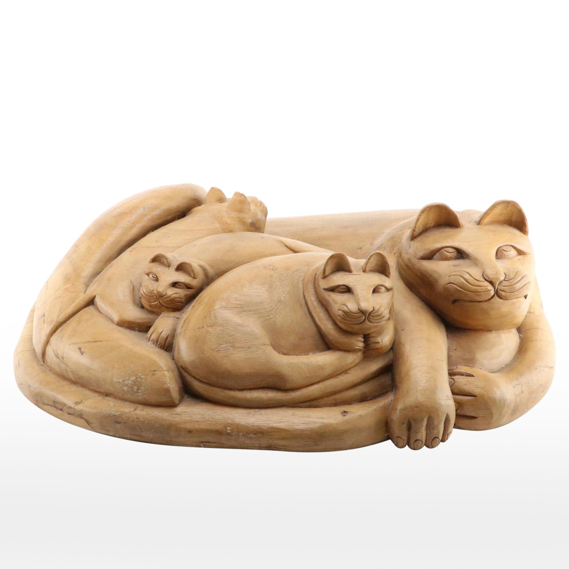 Mexican Folk Art Carved Wood Sculpture of Mother Cat and Kittens