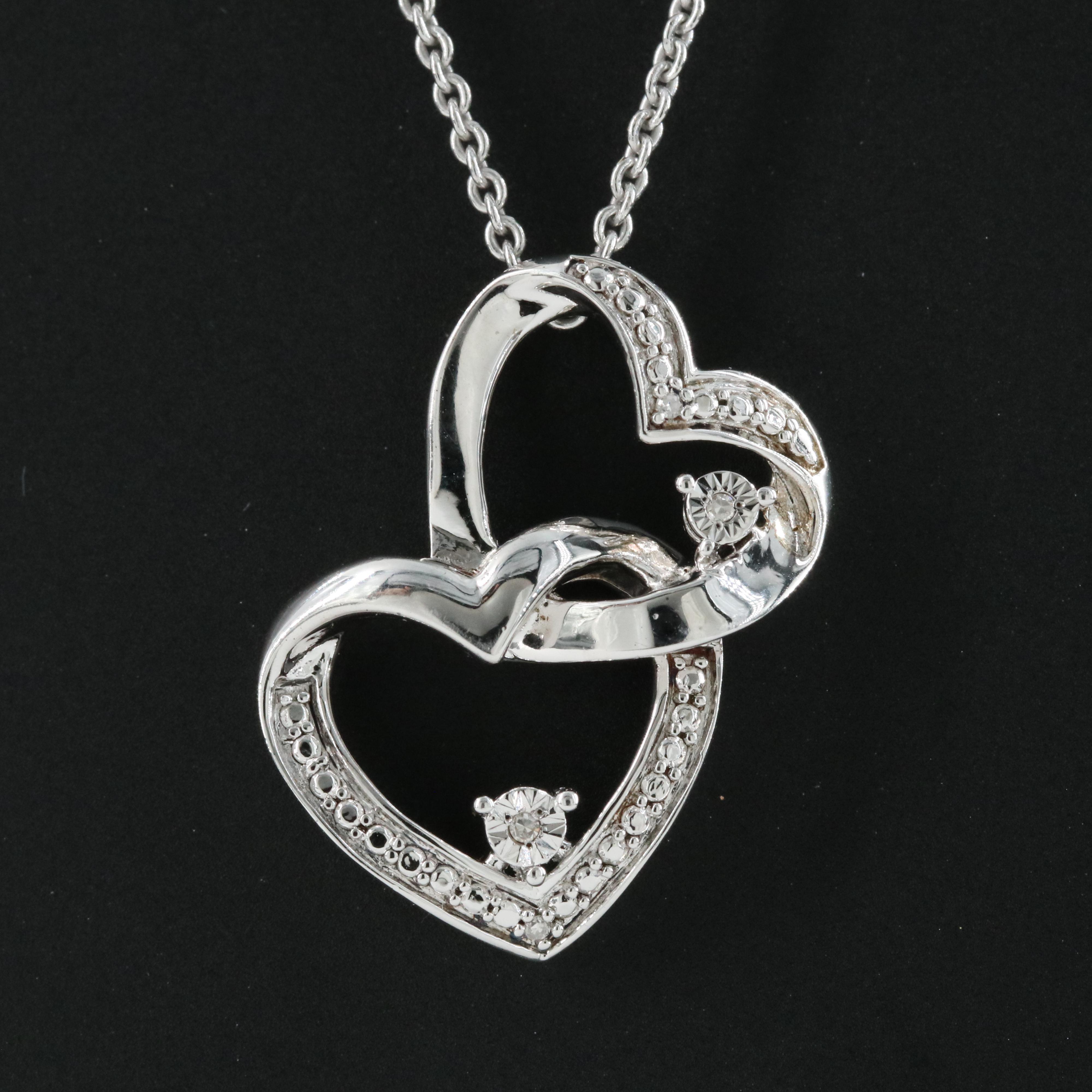 Sterling Diamond Double Heart Necklace