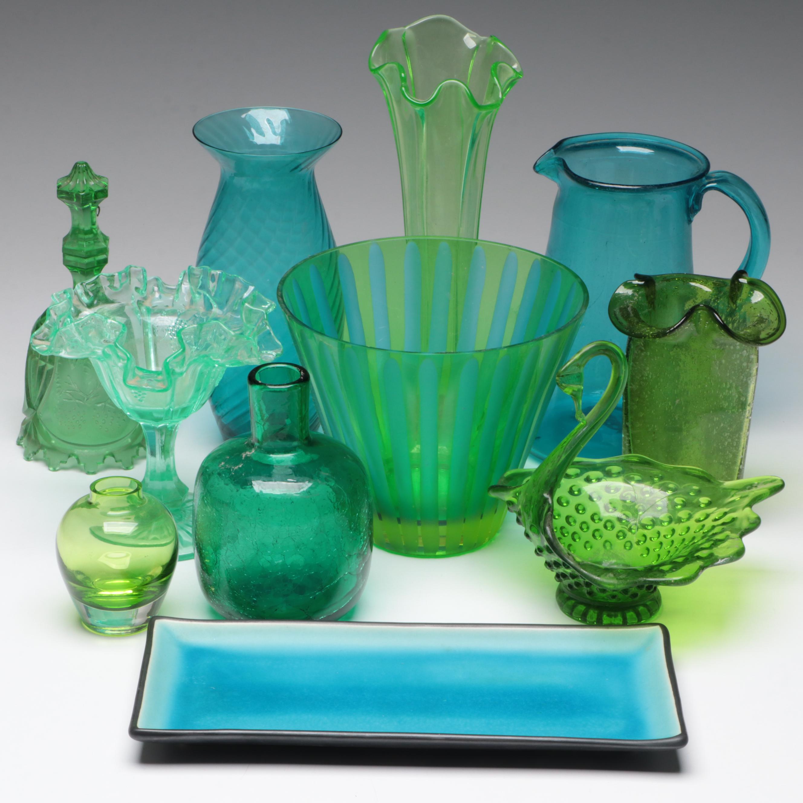 Vaseline Glass with Other Glass Vases, Candy Dishes, Pitcher and More