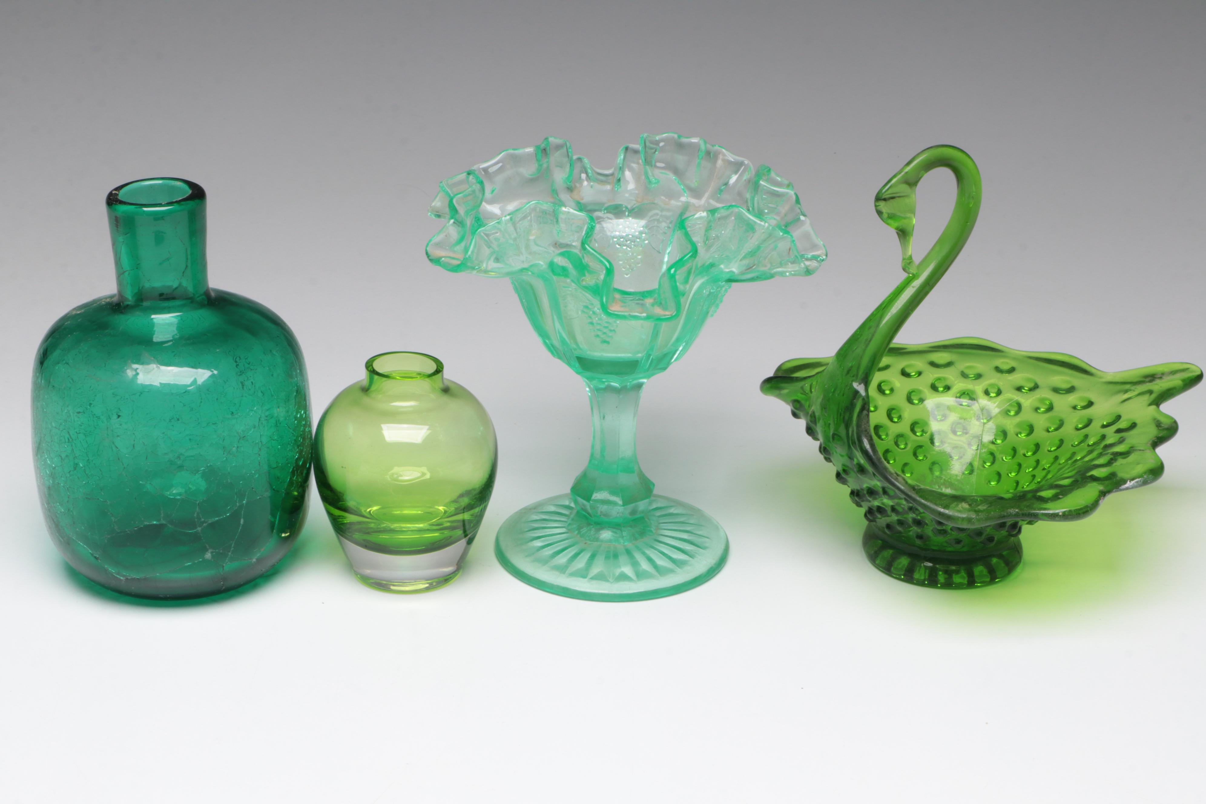 Vaseline Glass with Other Glass Vases, Candy Dishes, Pitcher and More