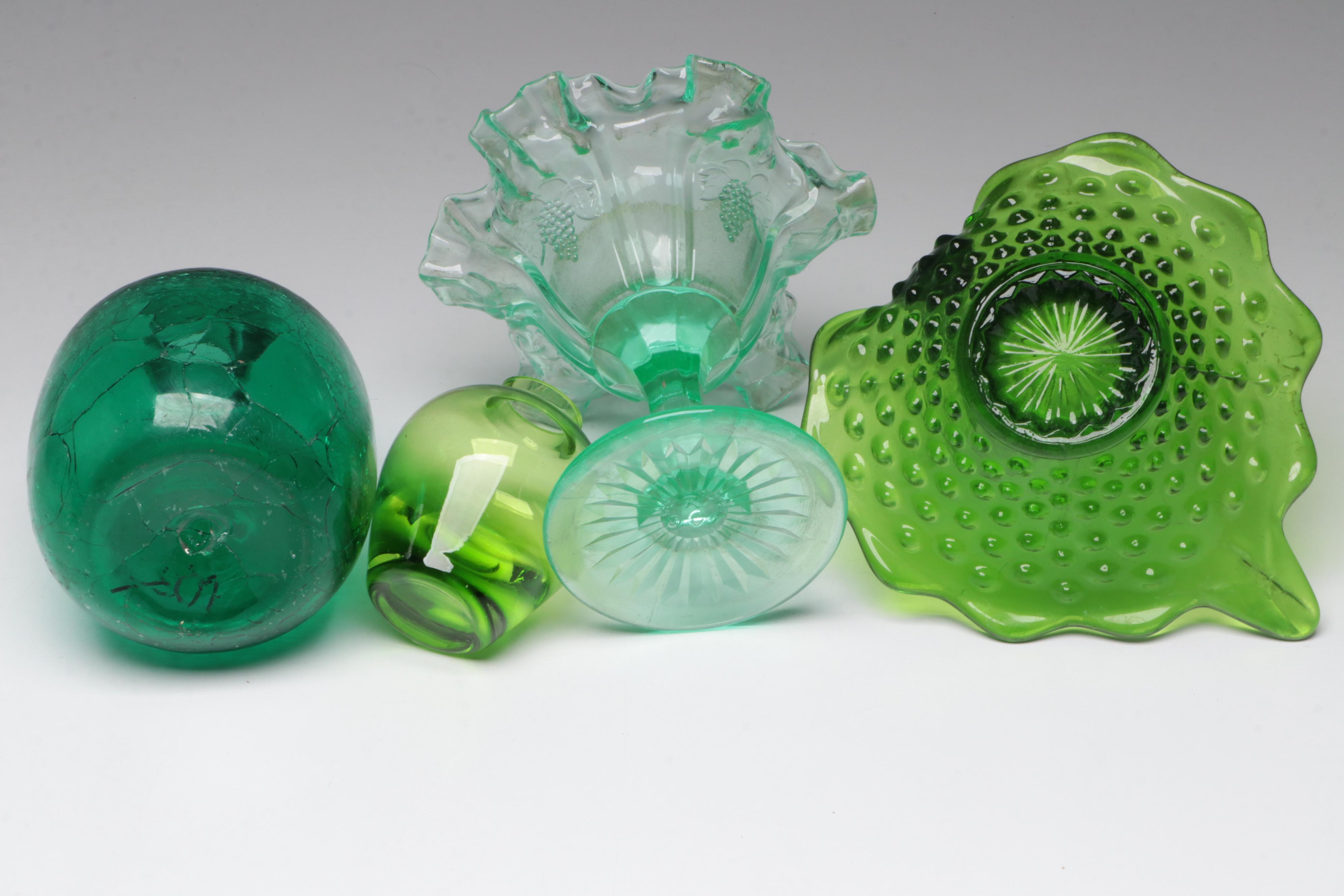 Vaseline Glass with Other Glass Vases, Candy Dishes, Pitcher and More