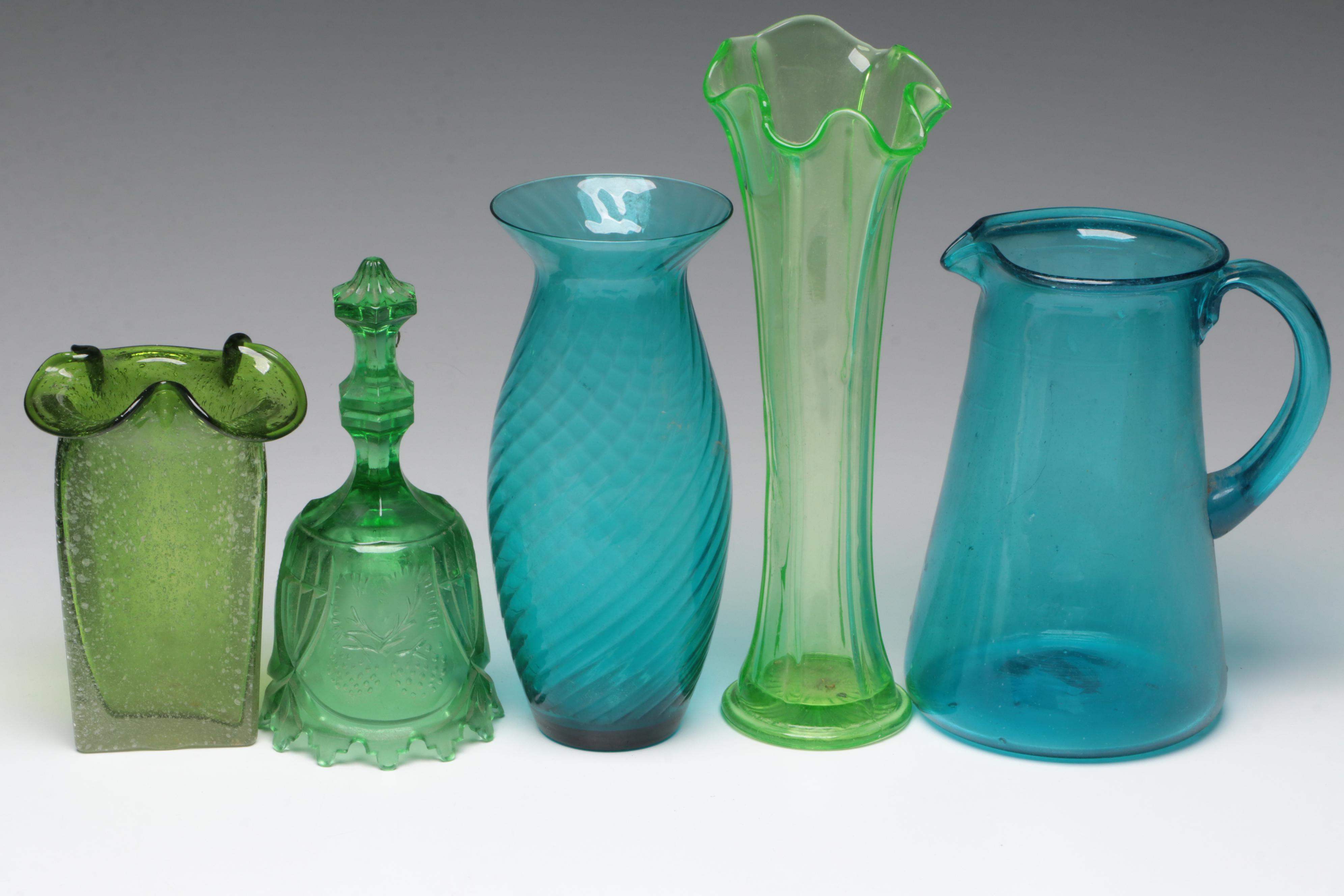 Vaseline Glass with Other Glass Vases, Candy Dishes, Pitcher and More