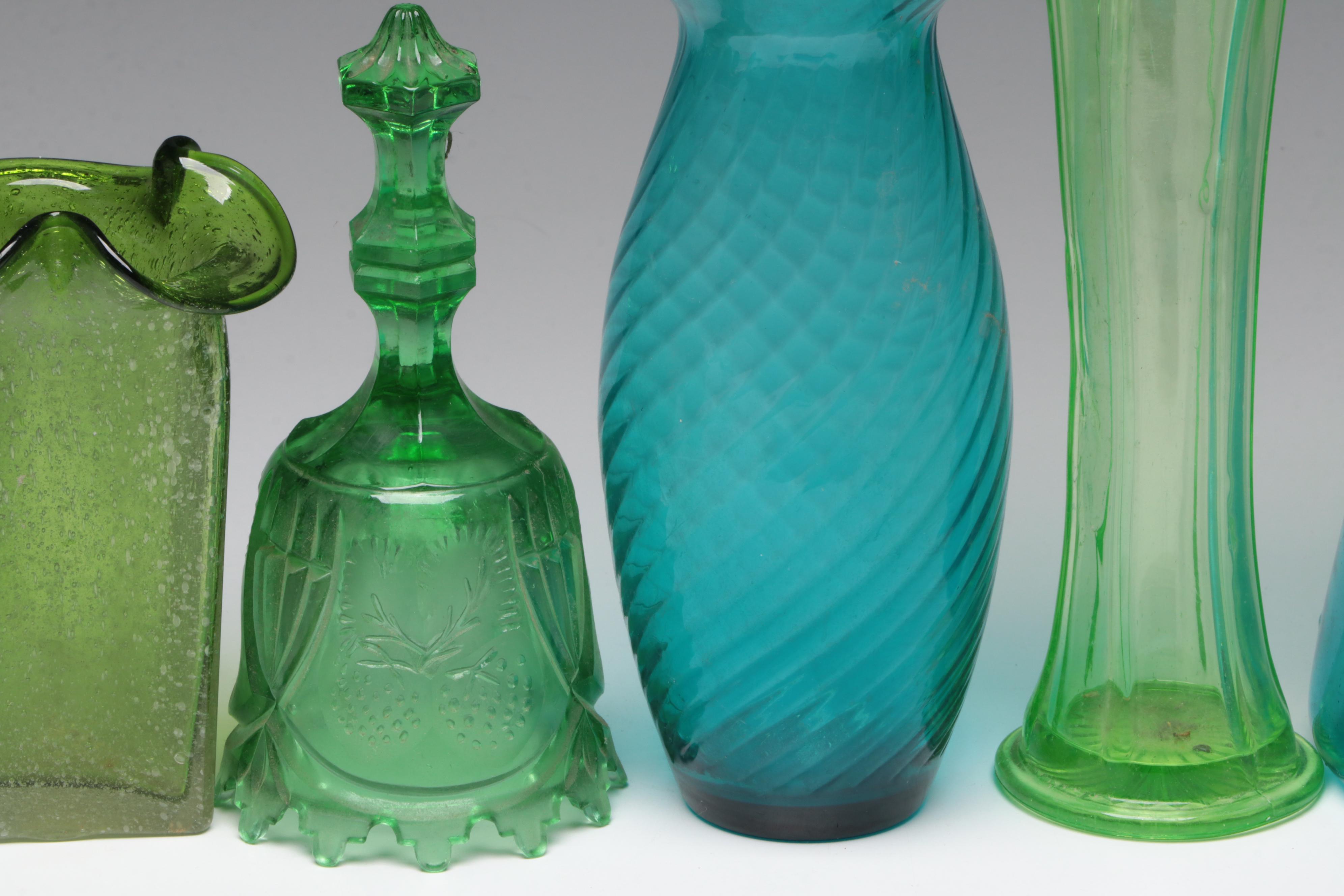 Vaseline Glass with Other Glass Vases, Candy Dishes, Pitcher and More