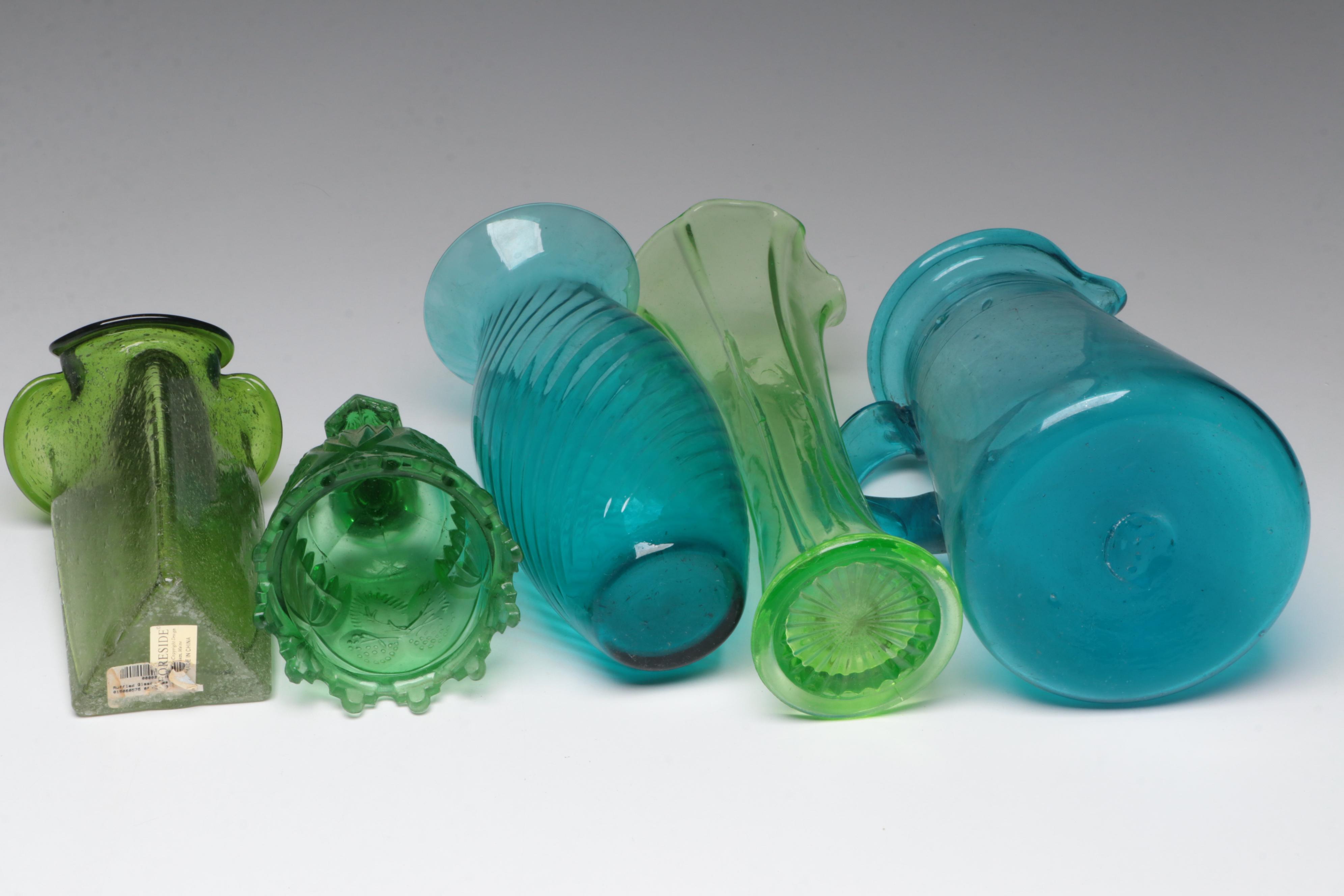 Vaseline Glass with Other Glass Vases, Candy Dishes, Pitcher and More