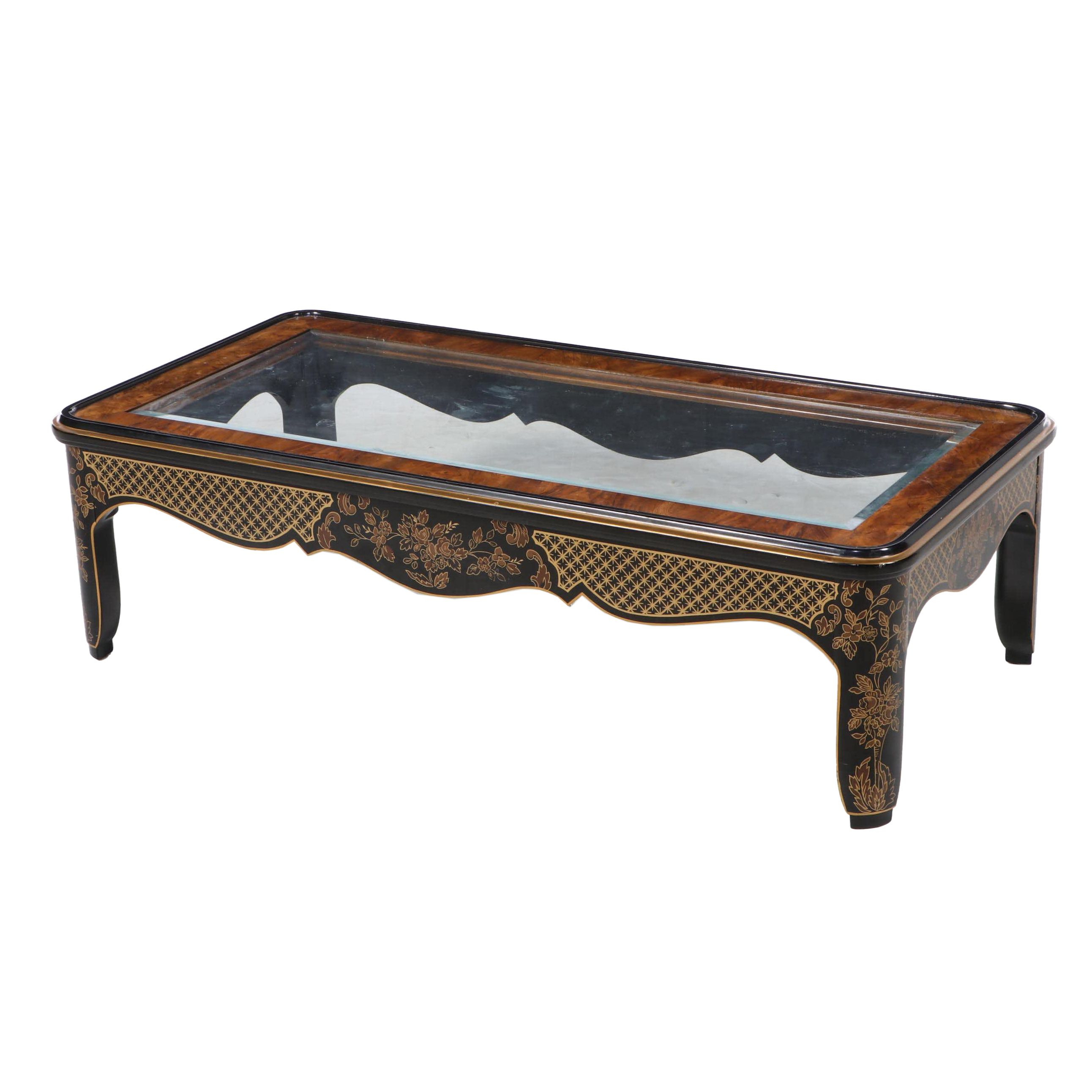 Drexel Heritage Chinese Style Black-Lacquered, Elm, and Glass Top Coffee Table