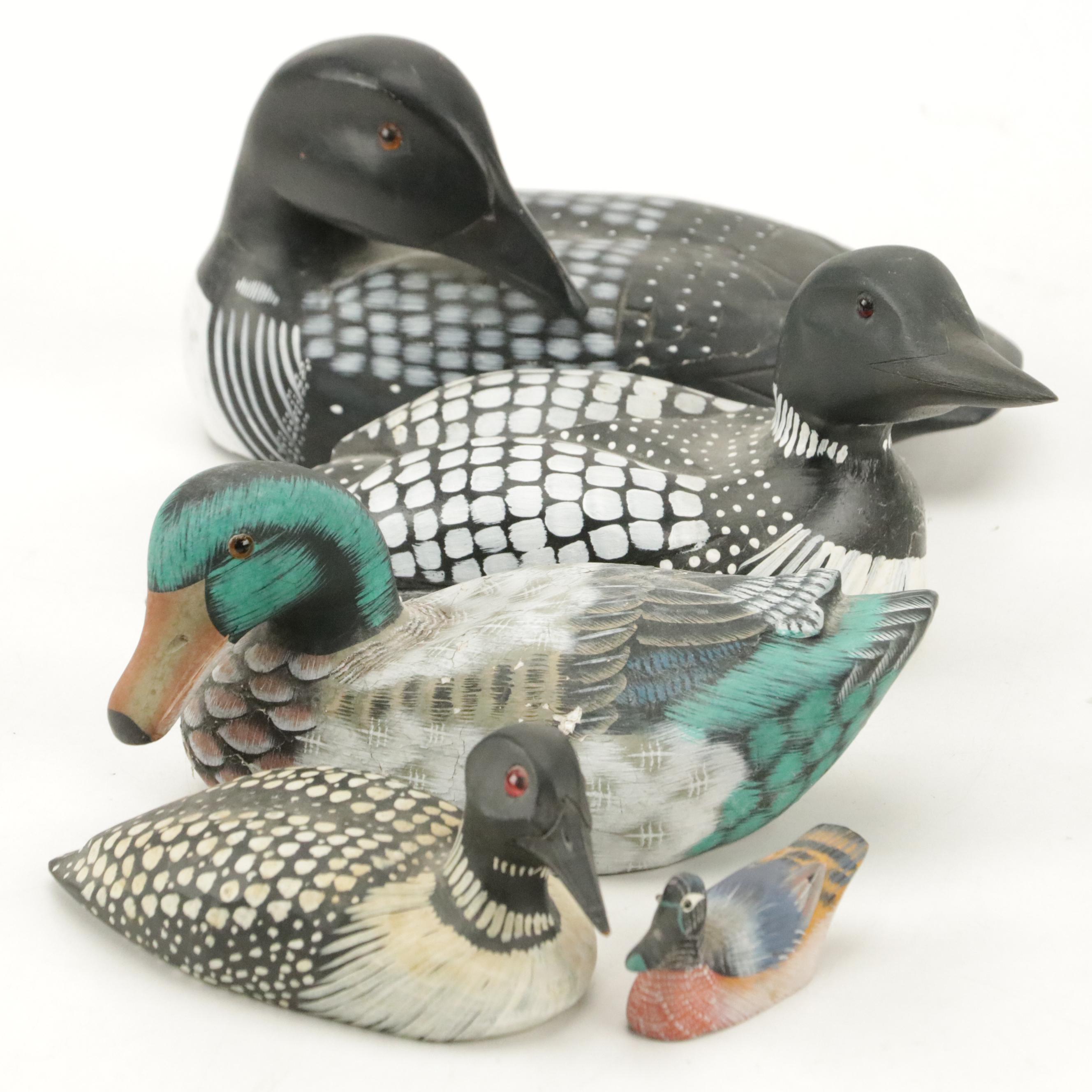 Signed Renee Wickman "Common Loon" Figurine with Other Carved Duck Figurines