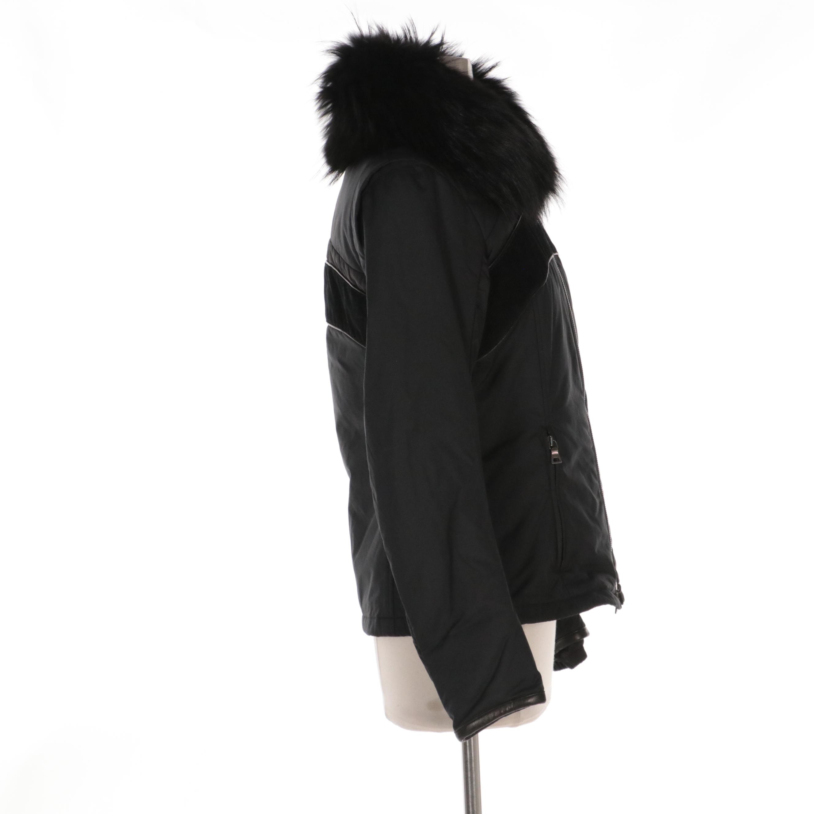 Prada Sport Nylon Blend Zip Jacket with Finn Raccoon Fur and Corduroy Trim