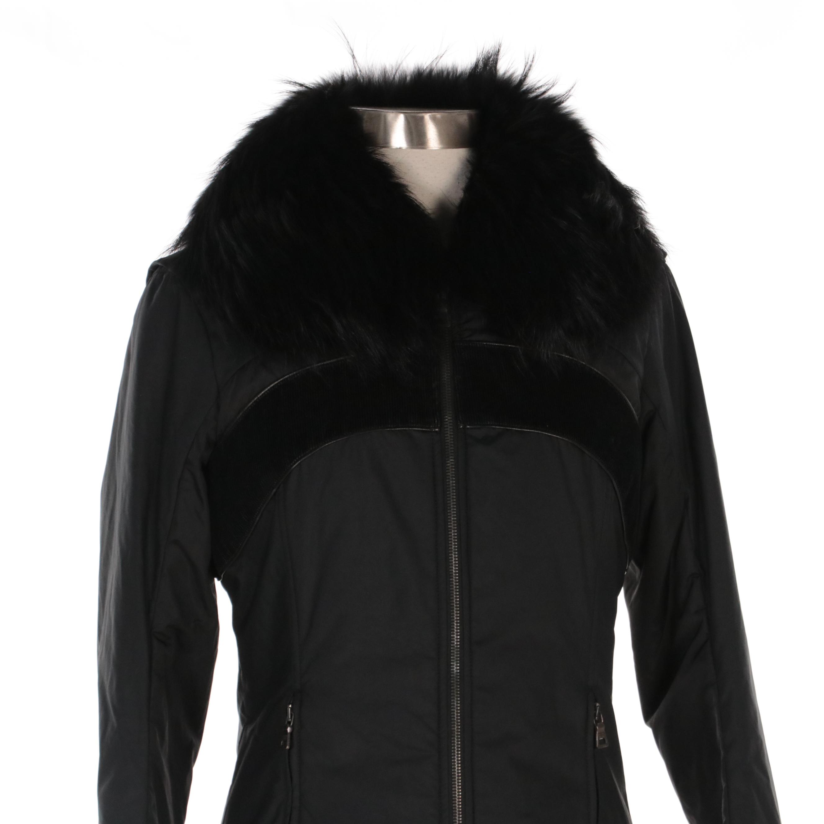 Prada Sport Nylon Blend Zip Jacket with Finn Raccoon Fur and Corduroy Trim