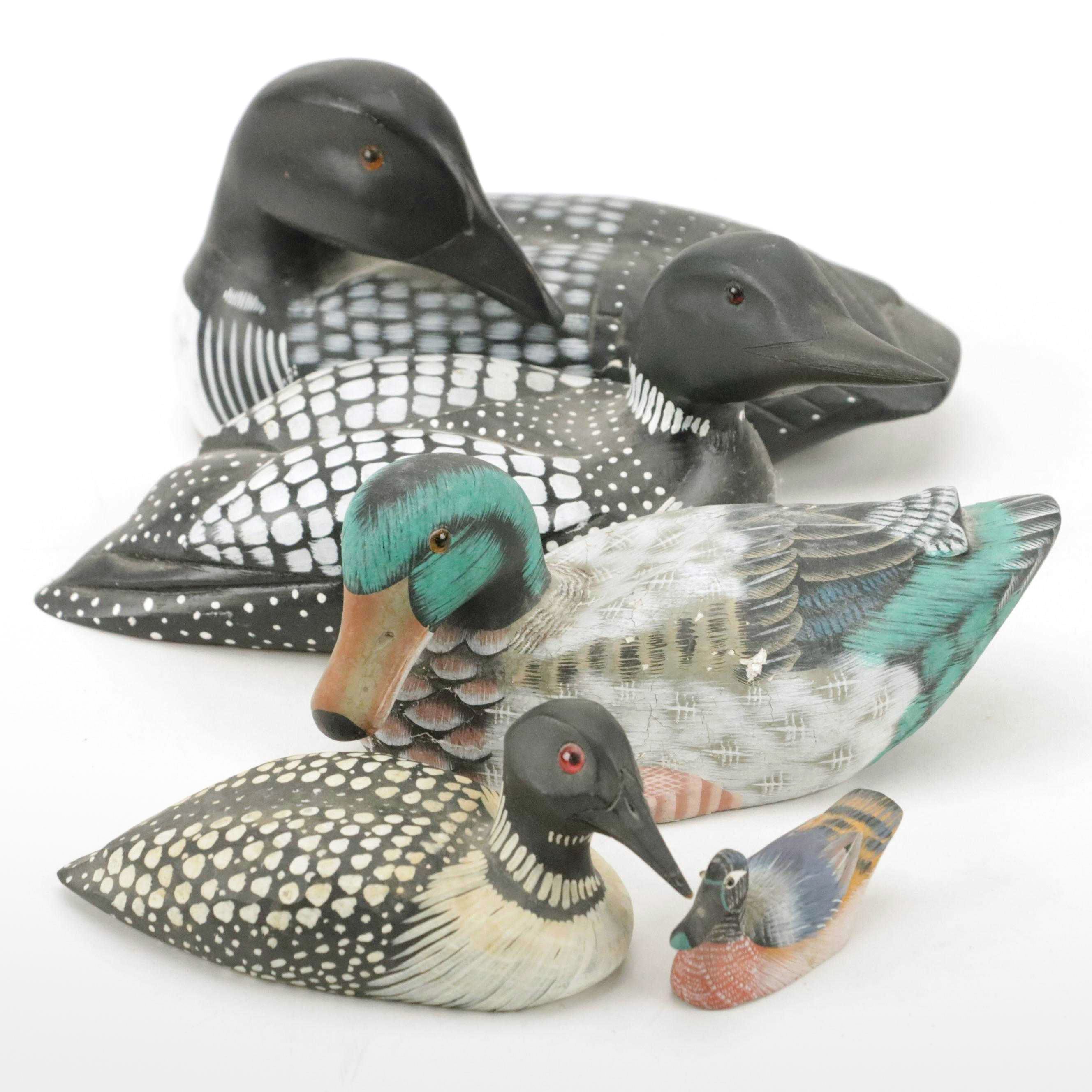 Signed Renee Wickman "Common Loon" Figurine with Other Carved Duck Figurines