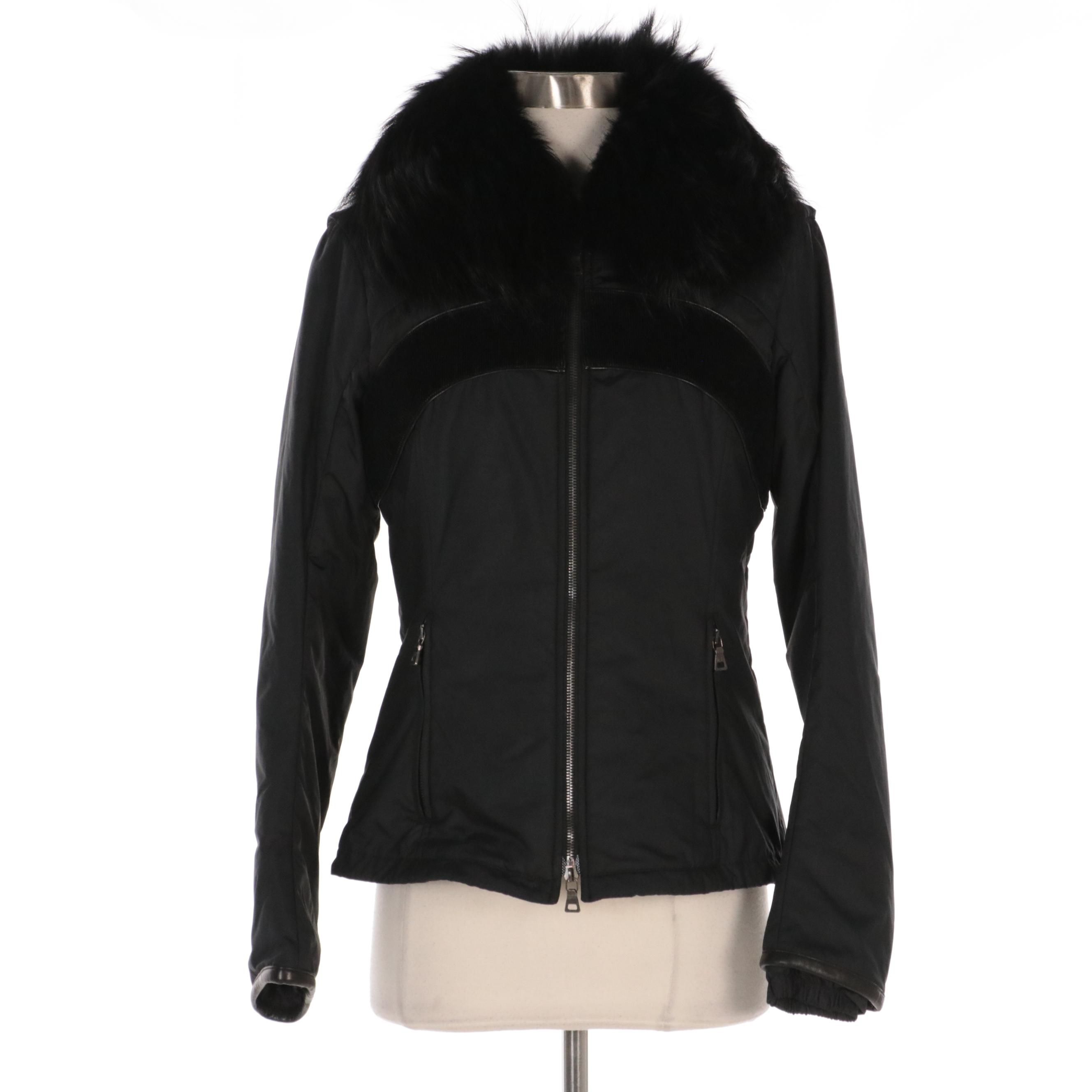 Prada Sport Nylon Blend Zip Jacket with Finn Raccoon Fur and Corduroy Trim