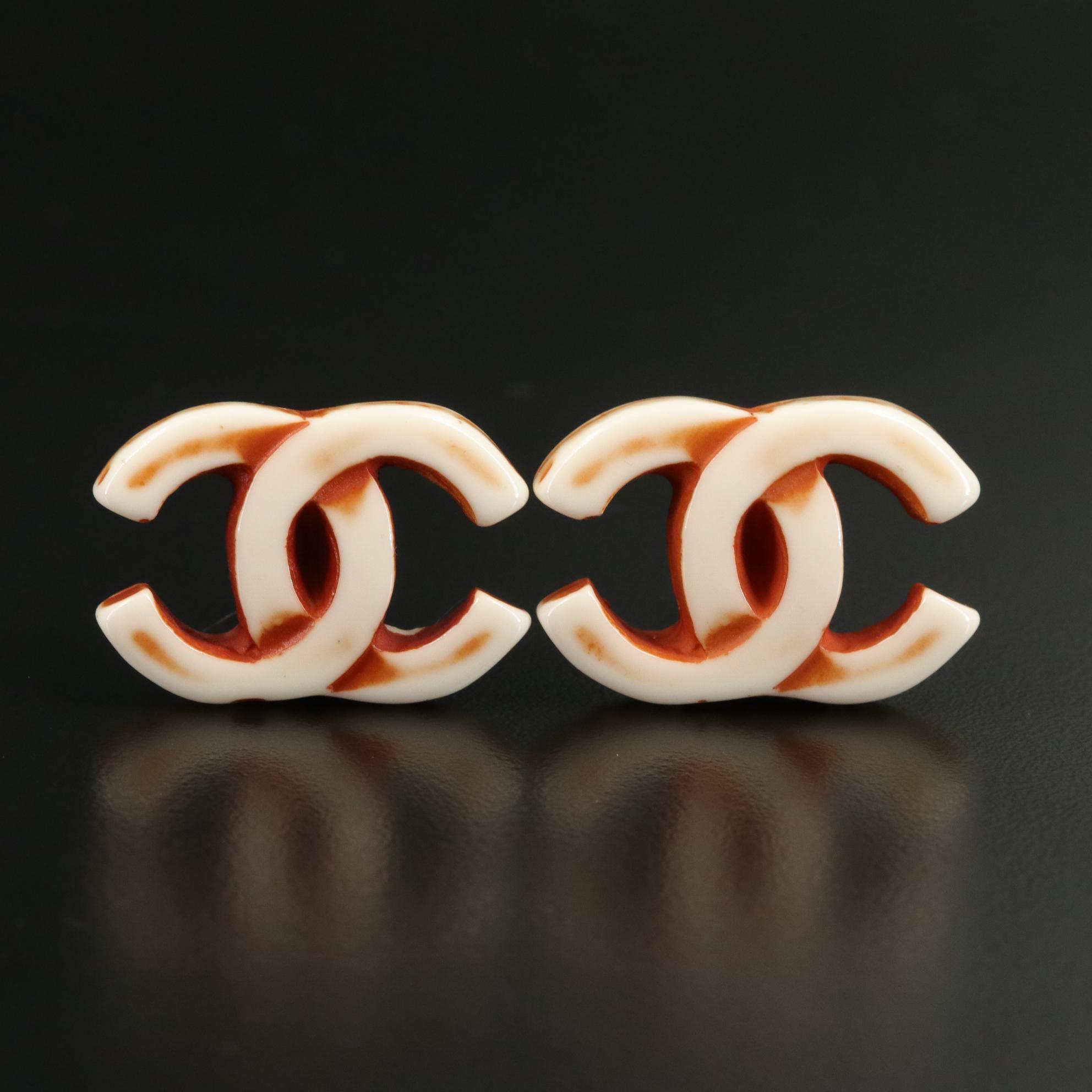 Chanel White and Brown Coco Mark Clip-On Earrings