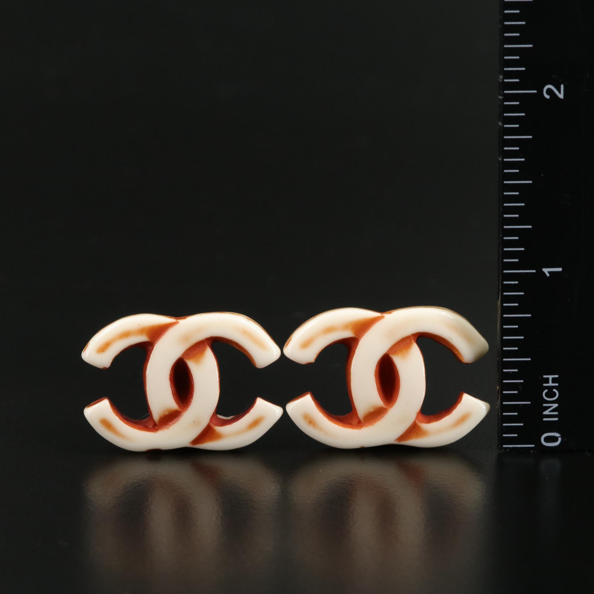 Chanel White and Brown Coco Mark Clip-On Earrings