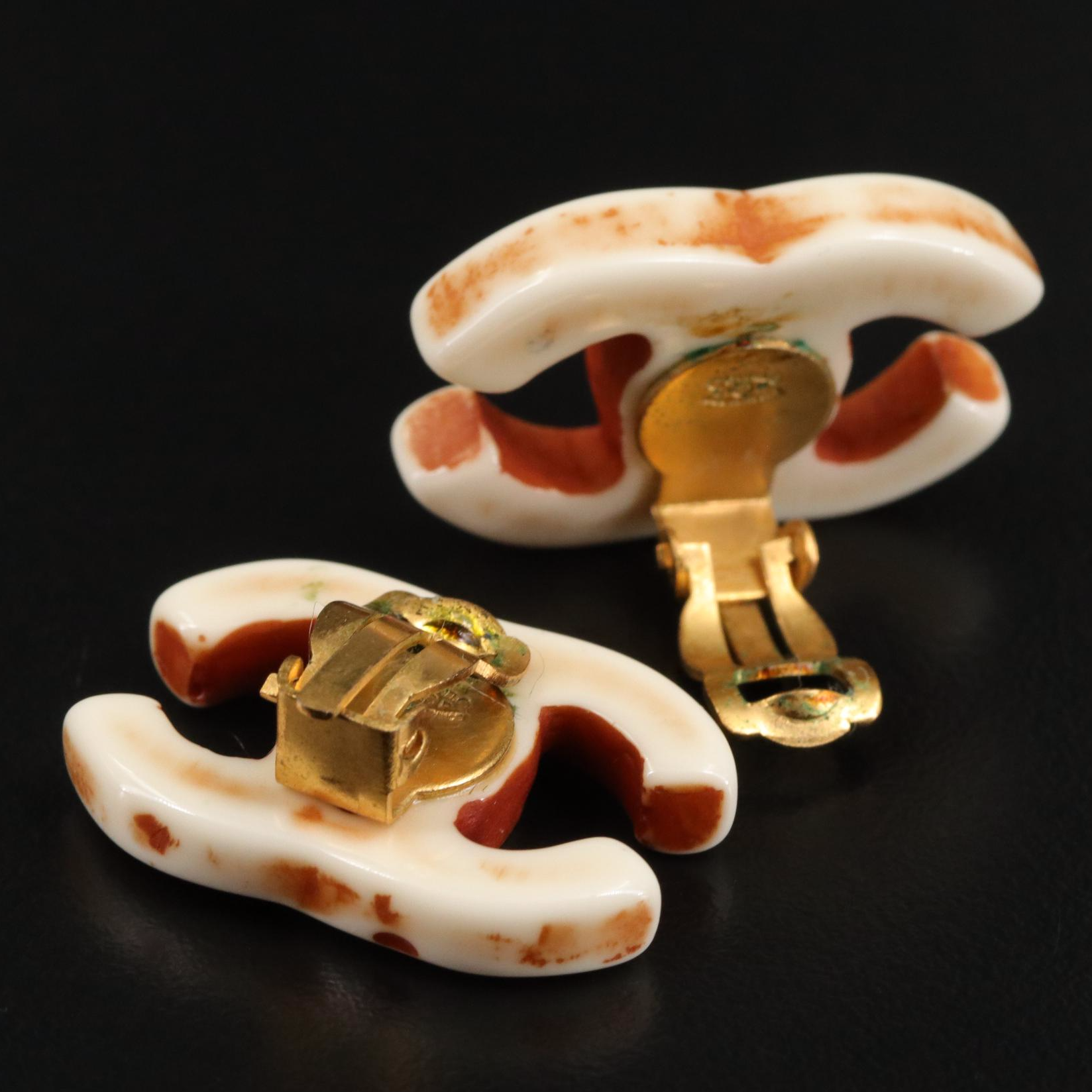 Chanel White and Brown Coco Mark Clip-On Earrings