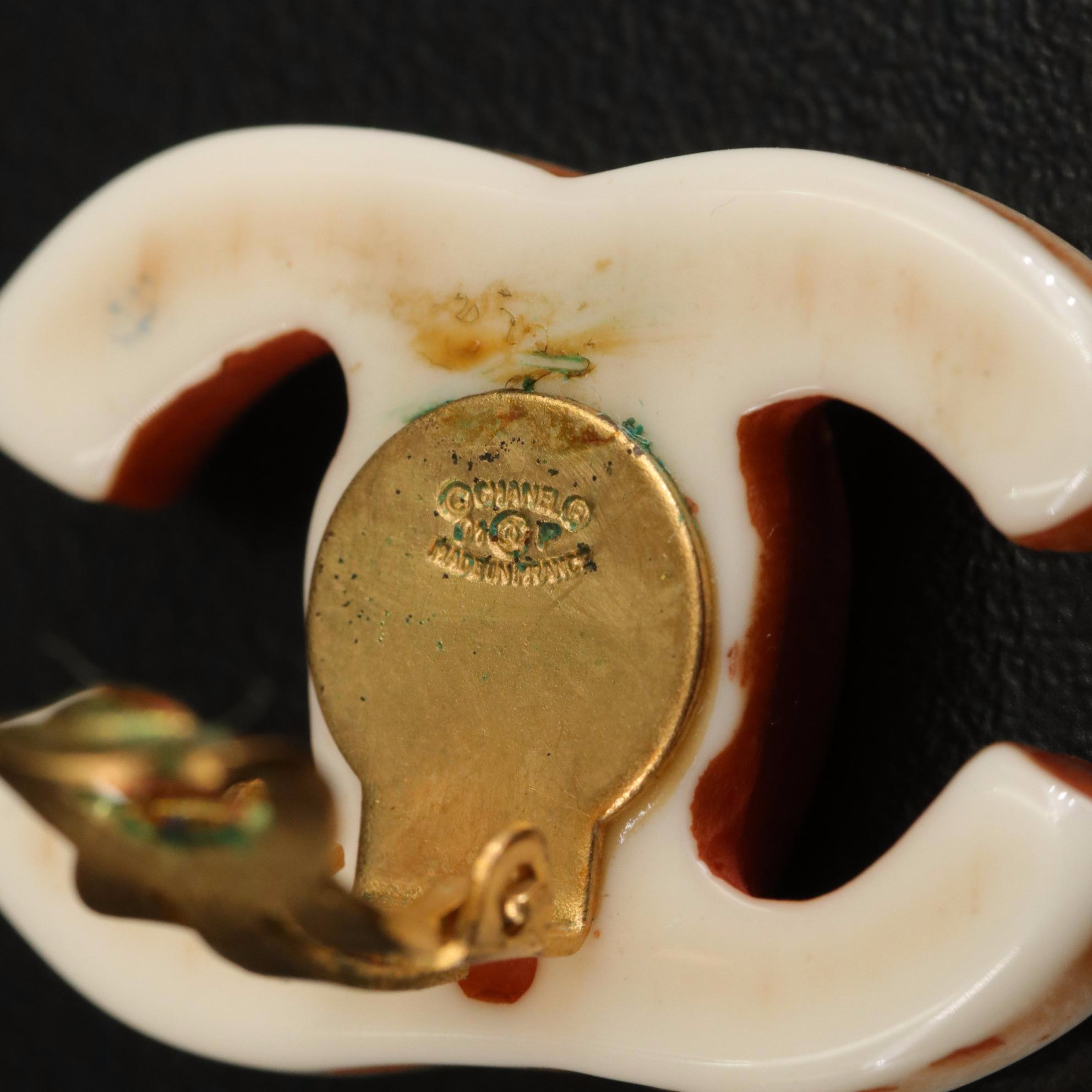 Chanel White and Brown Coco Mark Clip-On Earrings