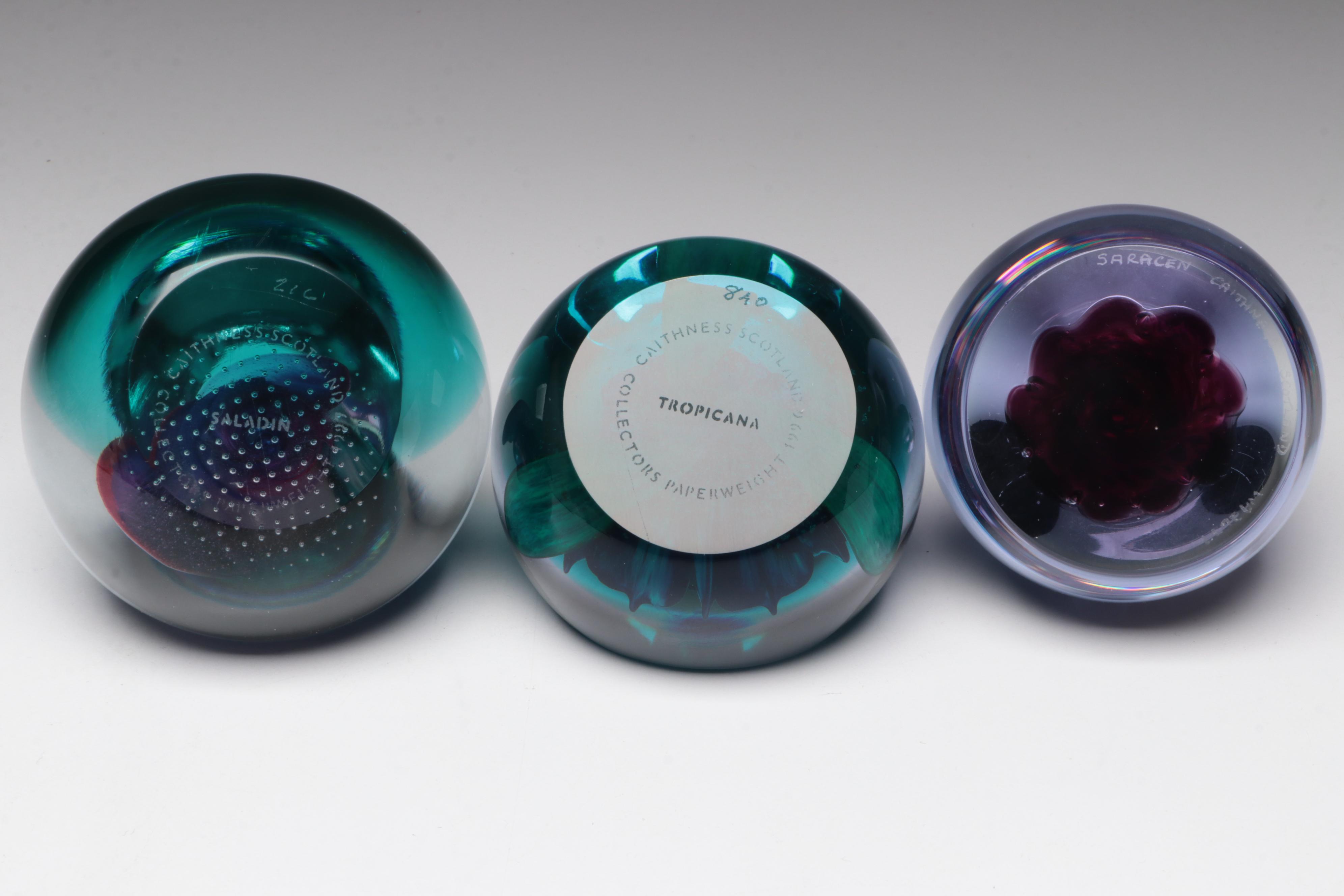 Caithness "Saracen", "Tropicana", and "Saladin" Blown Art Glass Paperweights