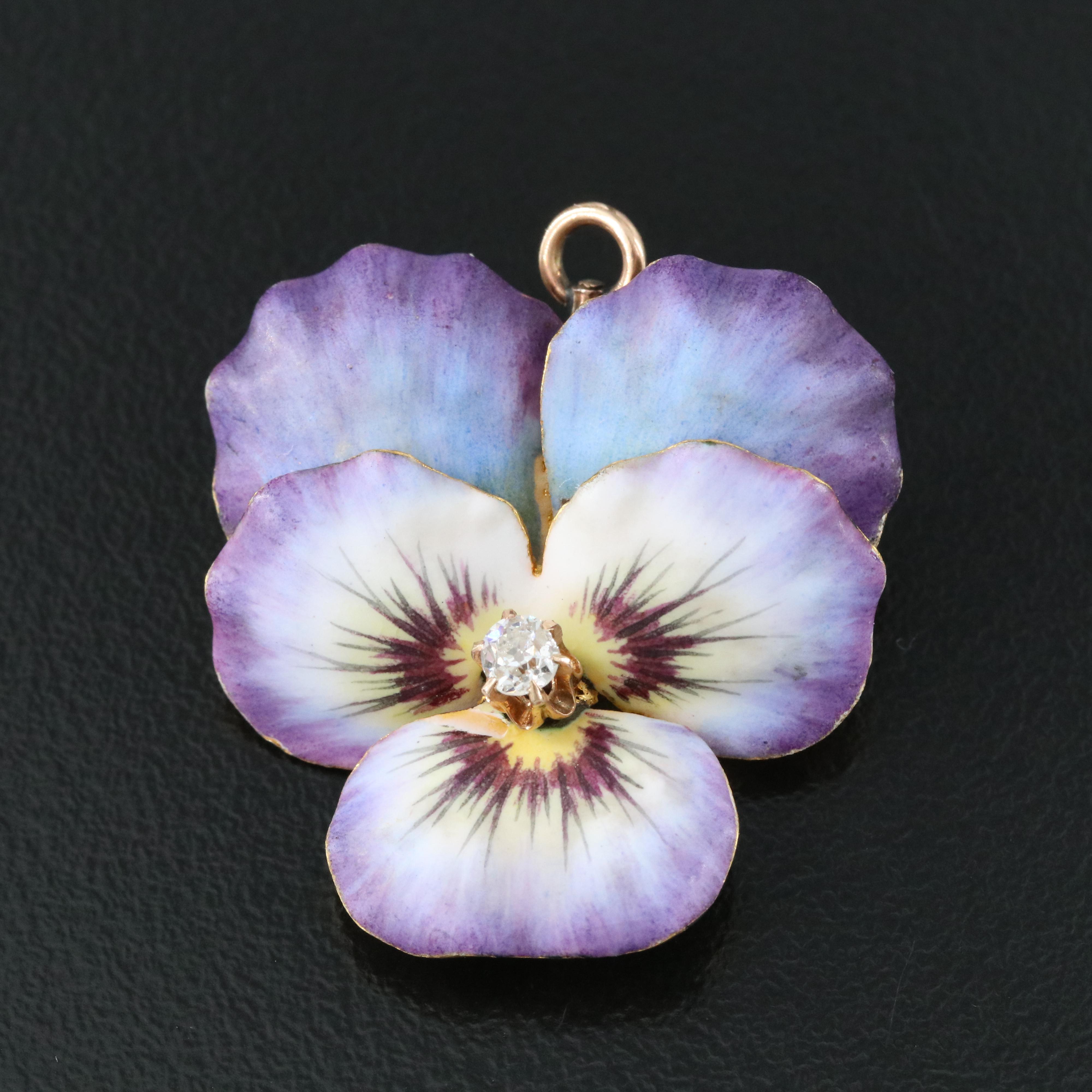 Art Nouveau 14K Diamond and Enamel Pansy Converter Brooch