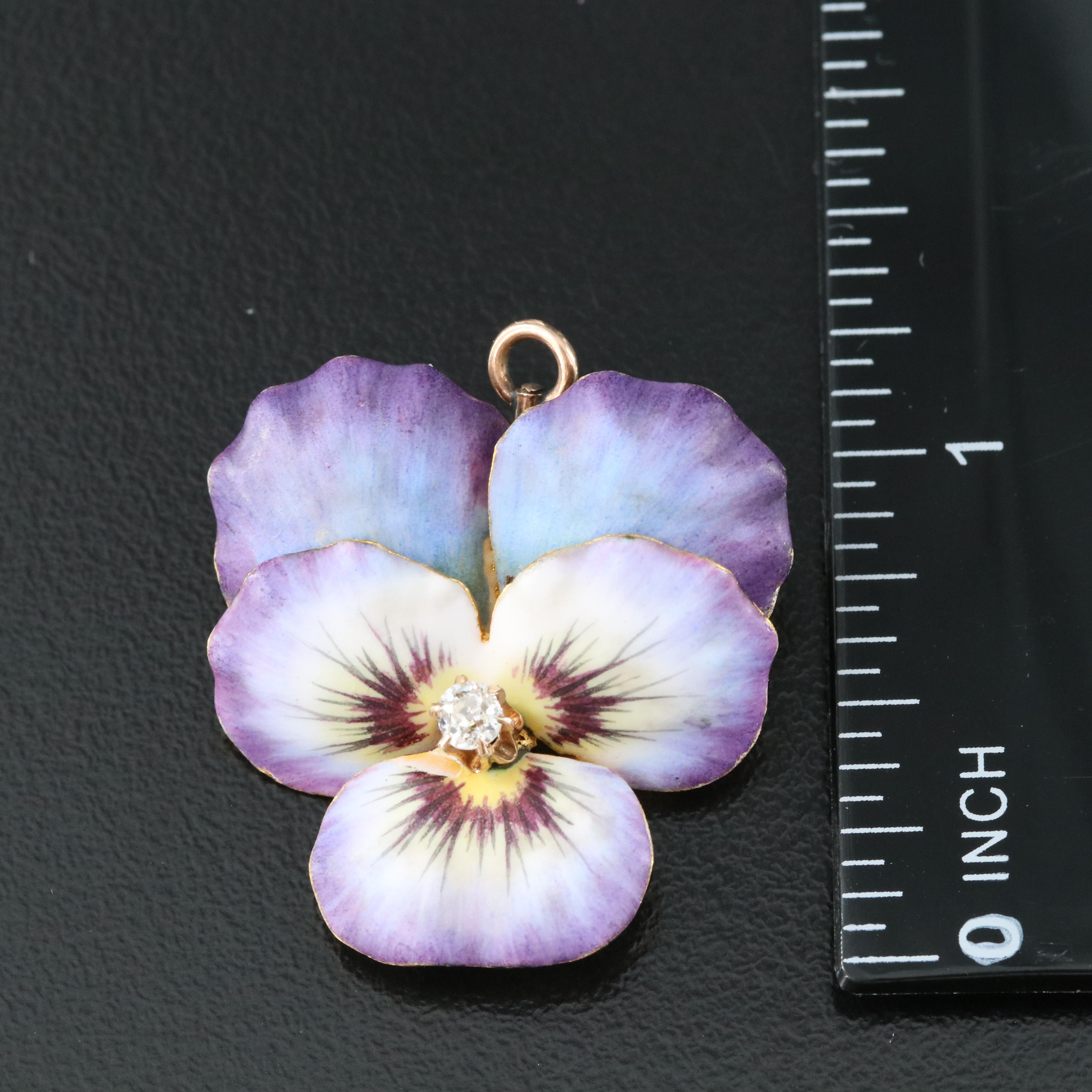 Art Nouveau 14K Diamond and Enamel Pansy Converter Brooch