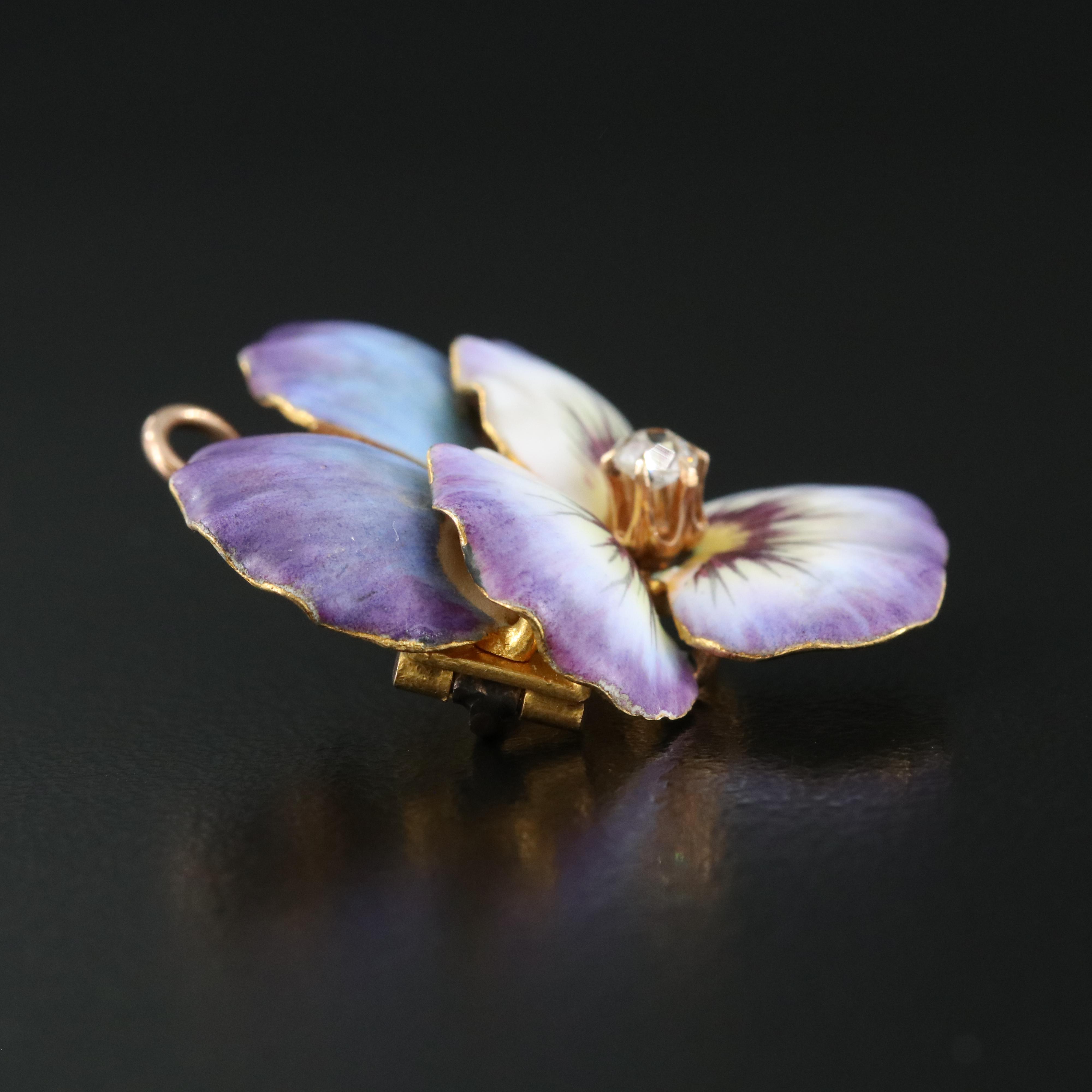 Art Nouveau 14K Diamond and Enamel Pansy Converter Brooch