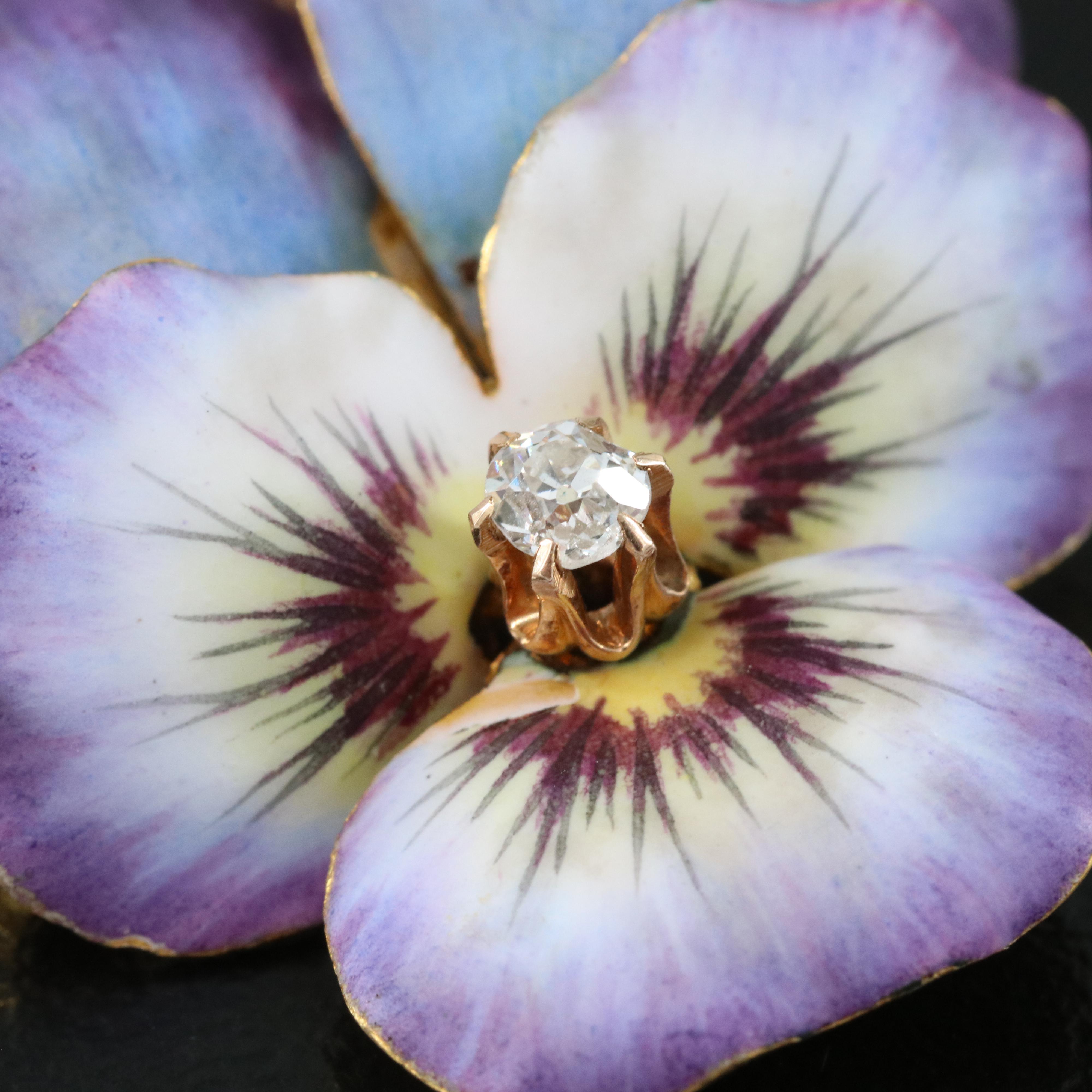 Art Nouveau 14K Diamond and Enamel Pansy Converter Brooch