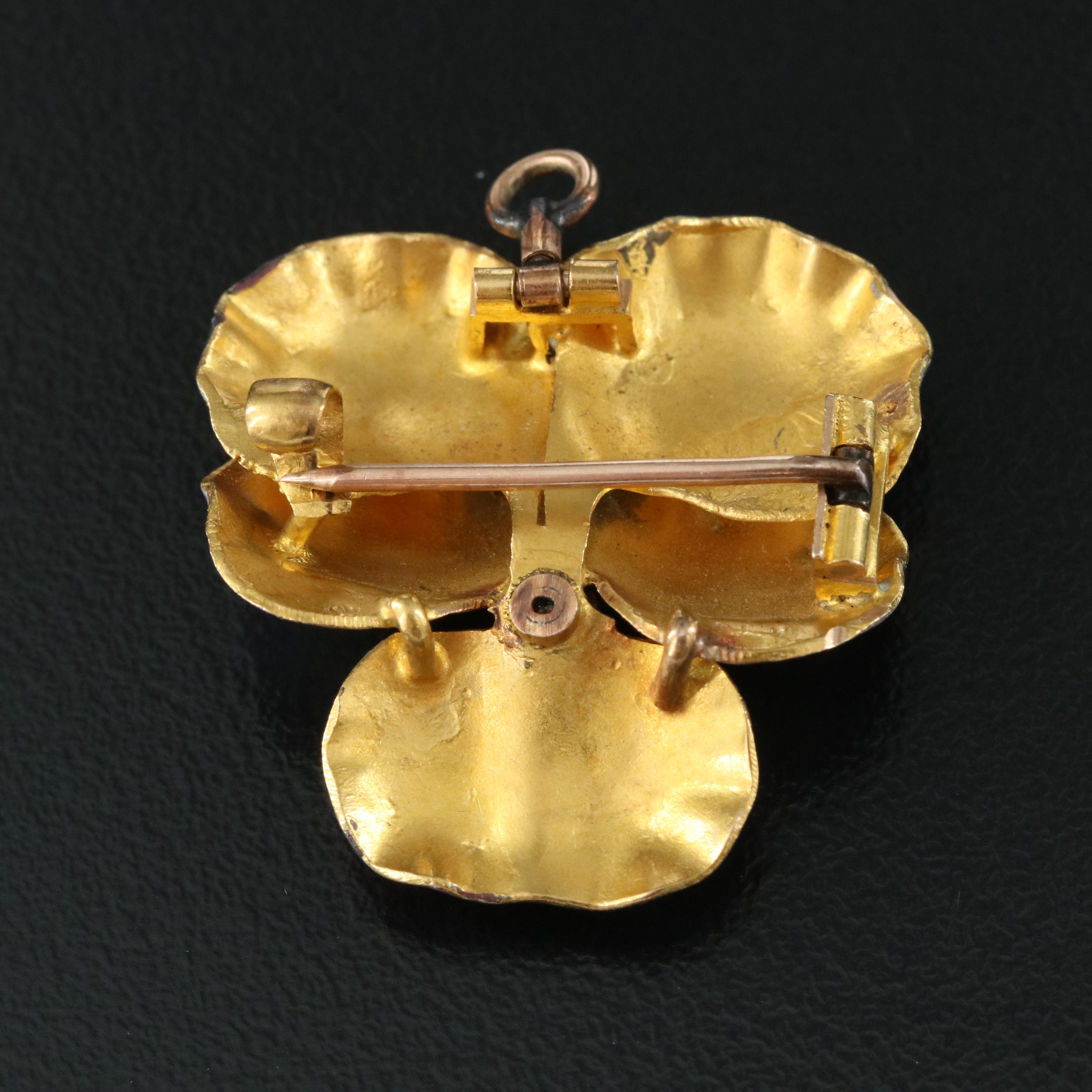 Art Nouveau 14K Diamond and Enamel Pansy Converter Brooch