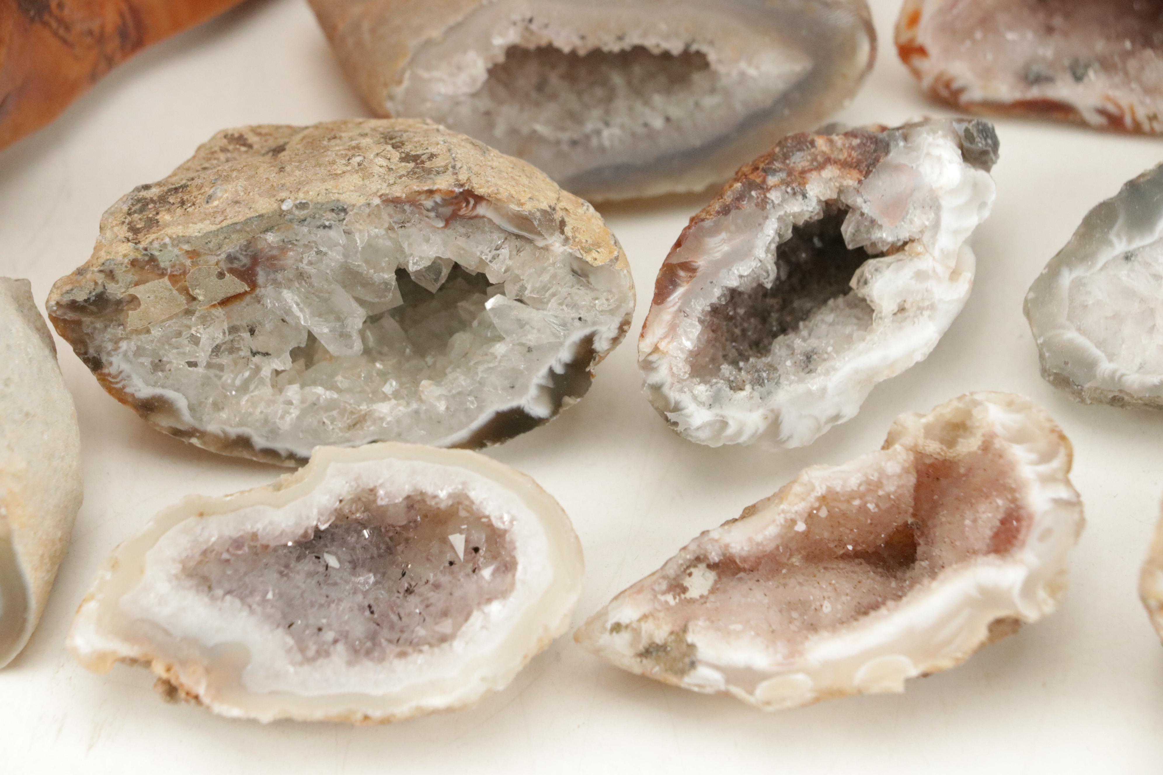 Partially Polished Sliced Geode Specimens with Burl Wood Basket