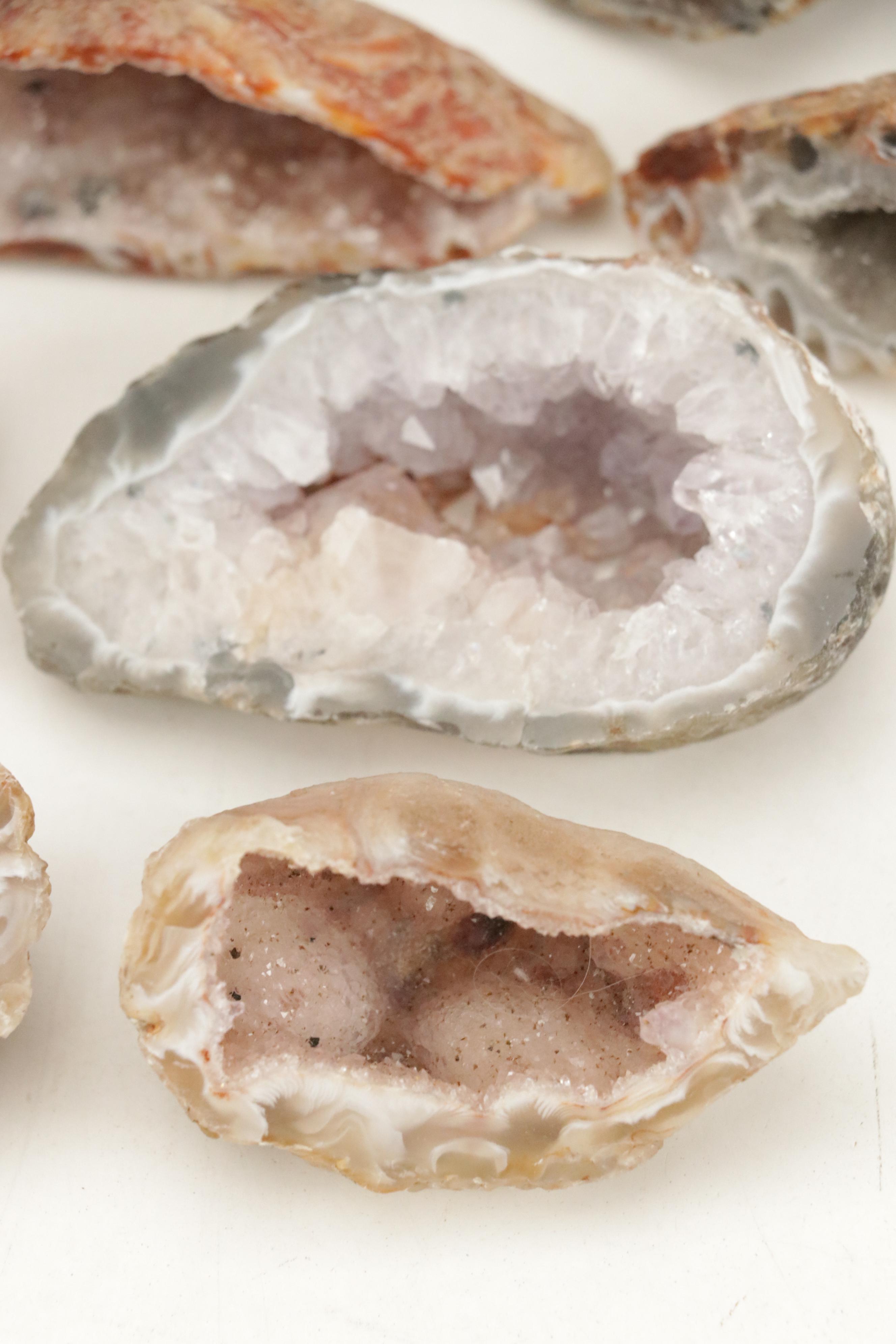 Partially Polished Sliced Geode Specimens with Burl Wood Basket