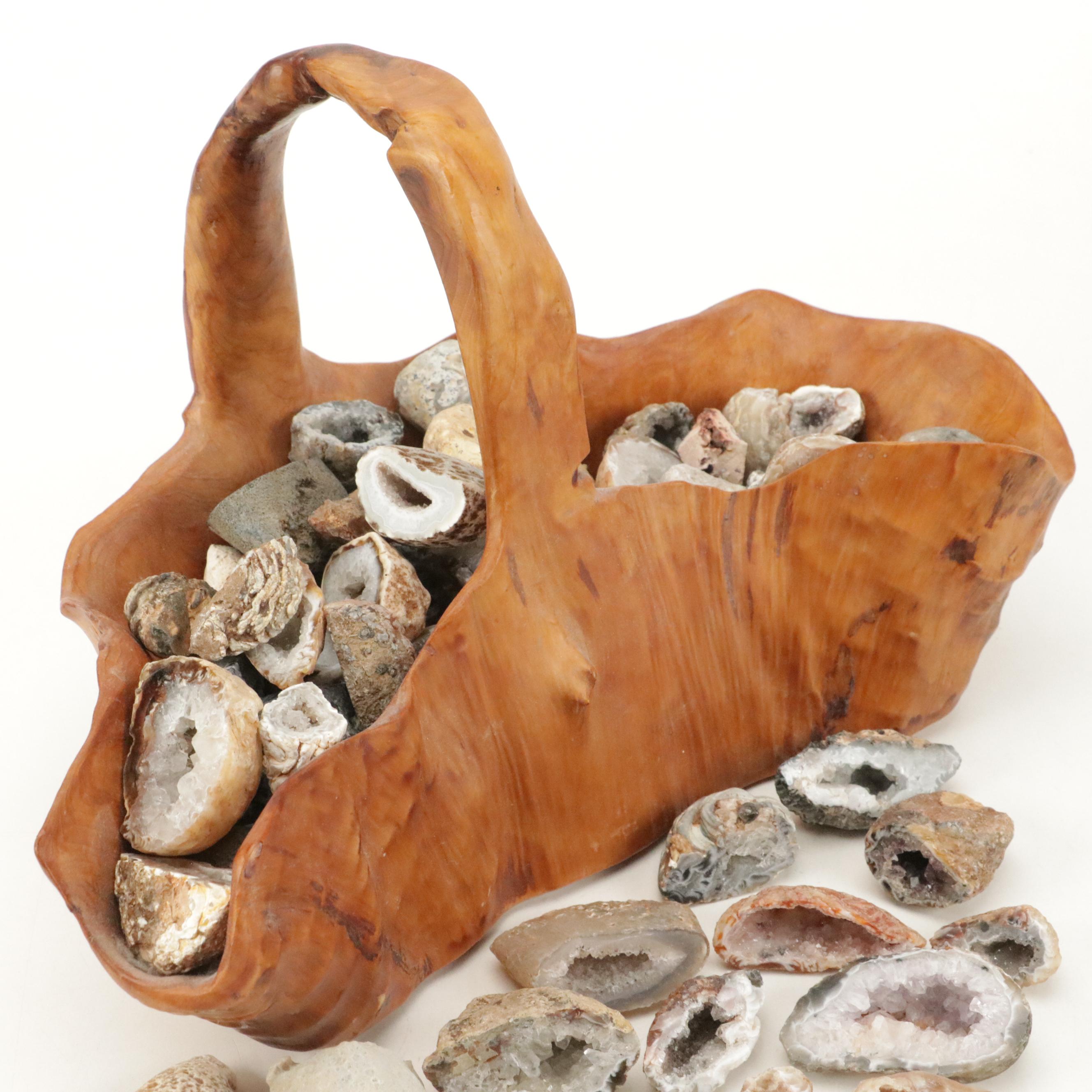 Partially Polished Sliced Geode Specimens with Burl Wood Basket