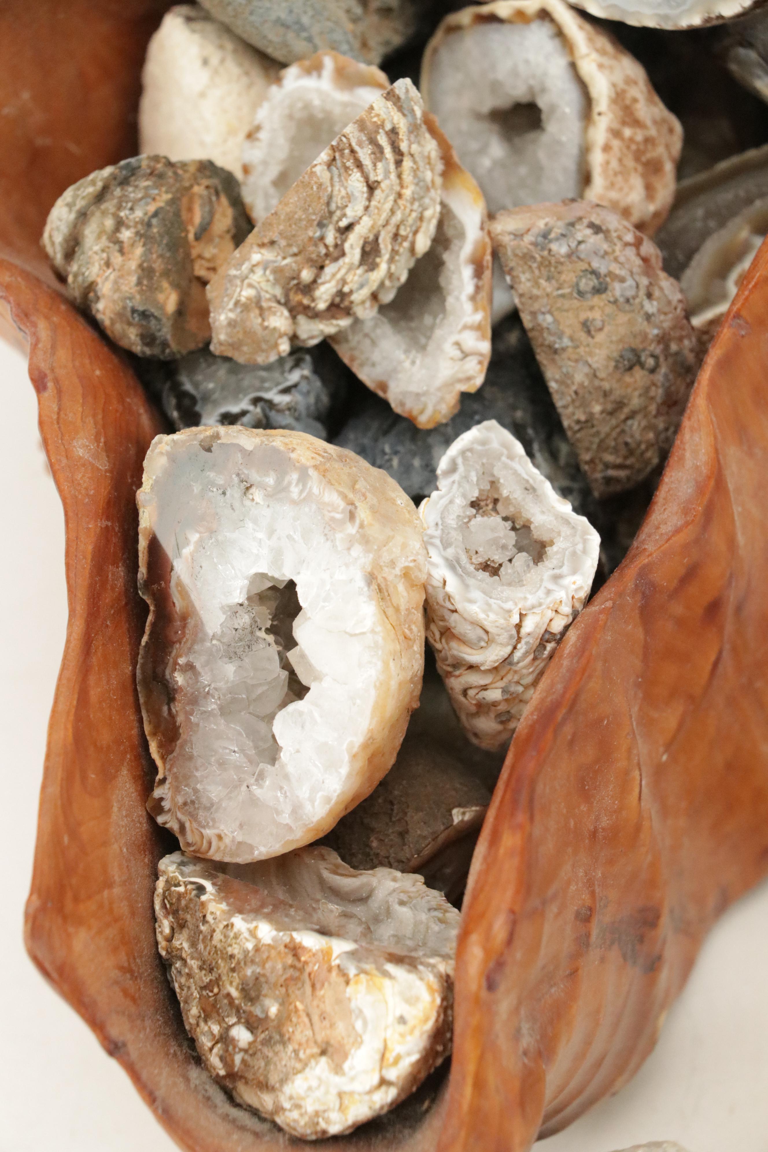 Partially Polished Sliced Geode Specimens with Burl Wood Basket