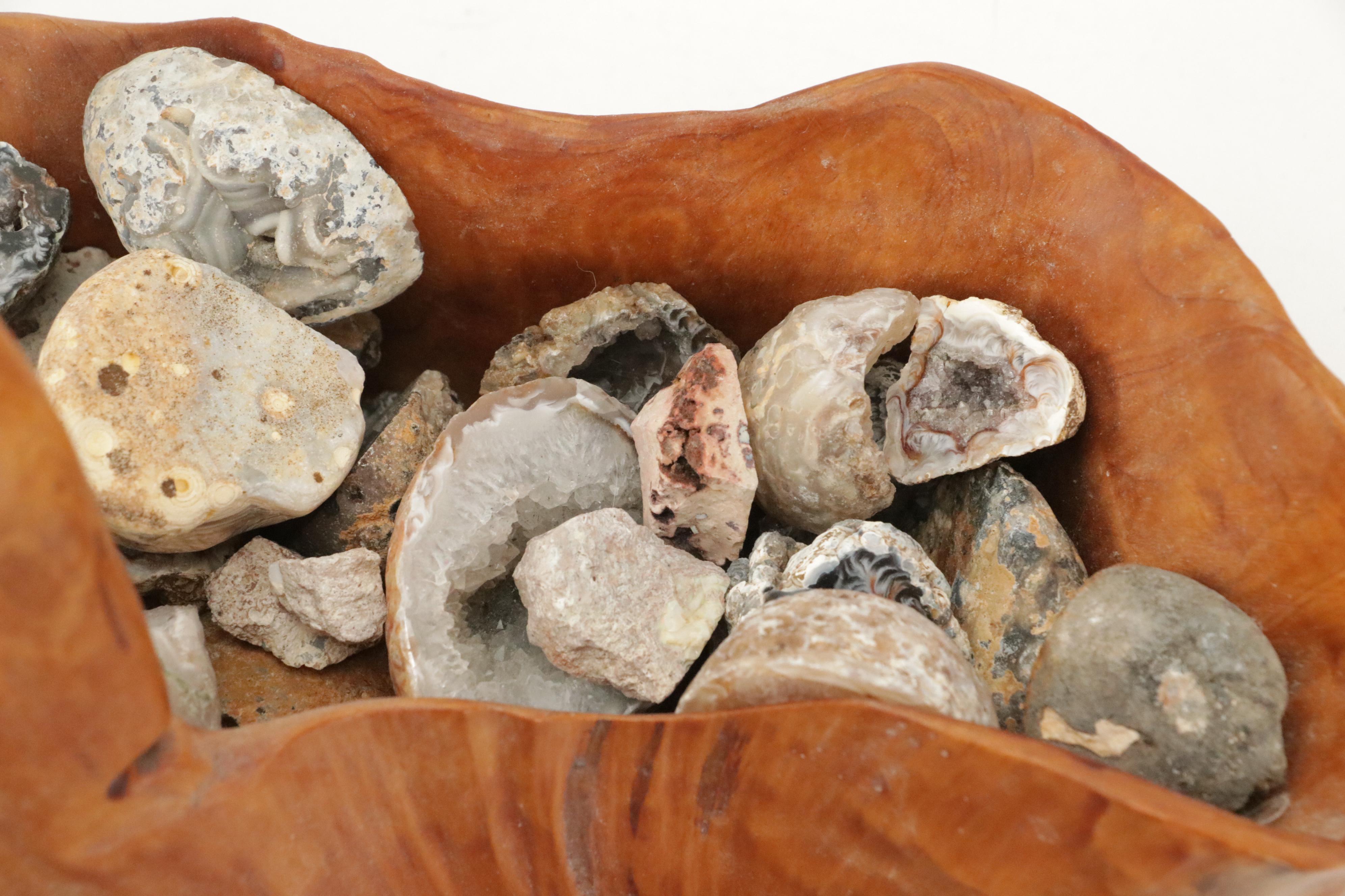 Partially Polished Sliced Geode Specimens with Burl Wood Basket