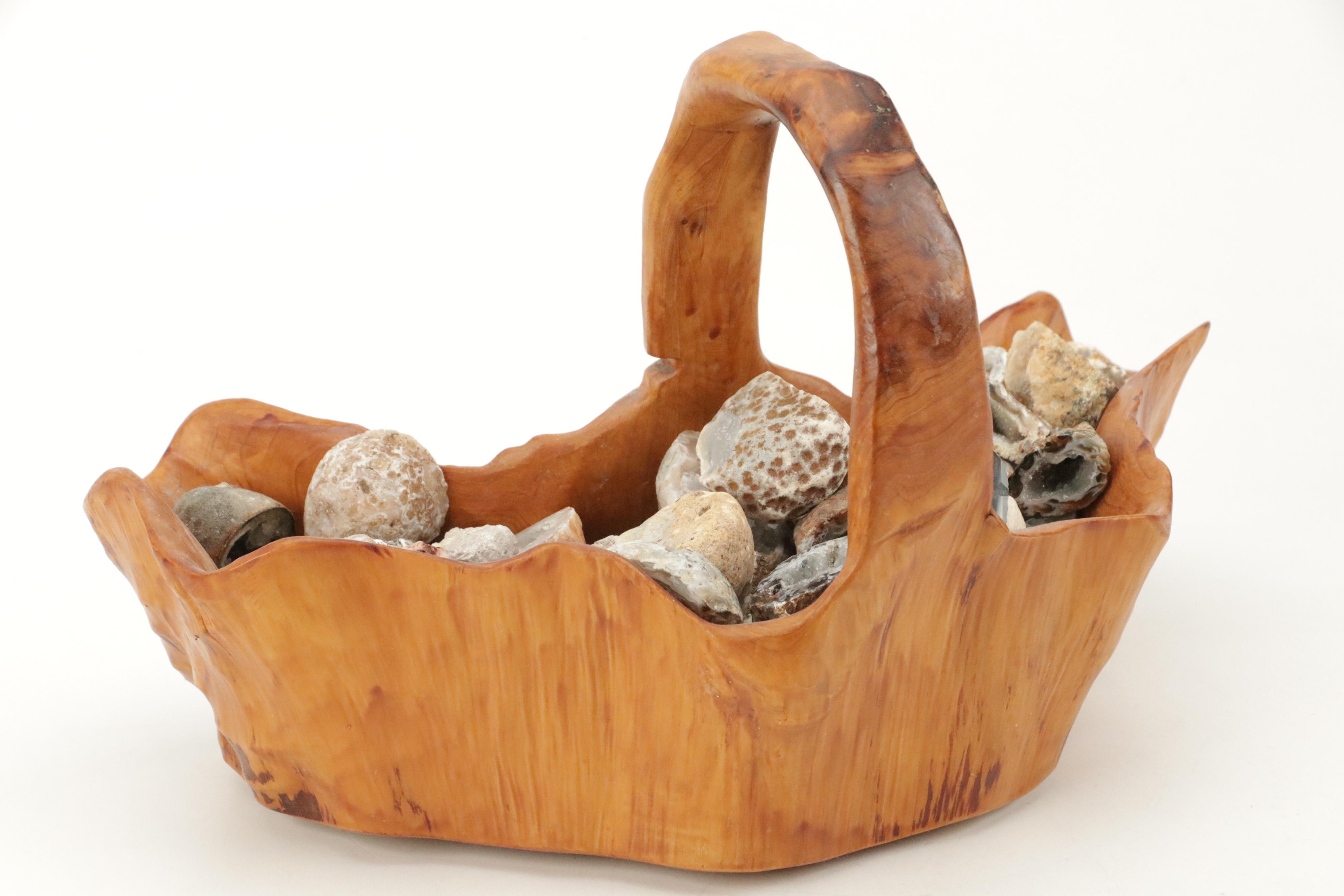 Partially Polished Sliced Geode Specimens with Burl Wood Basket