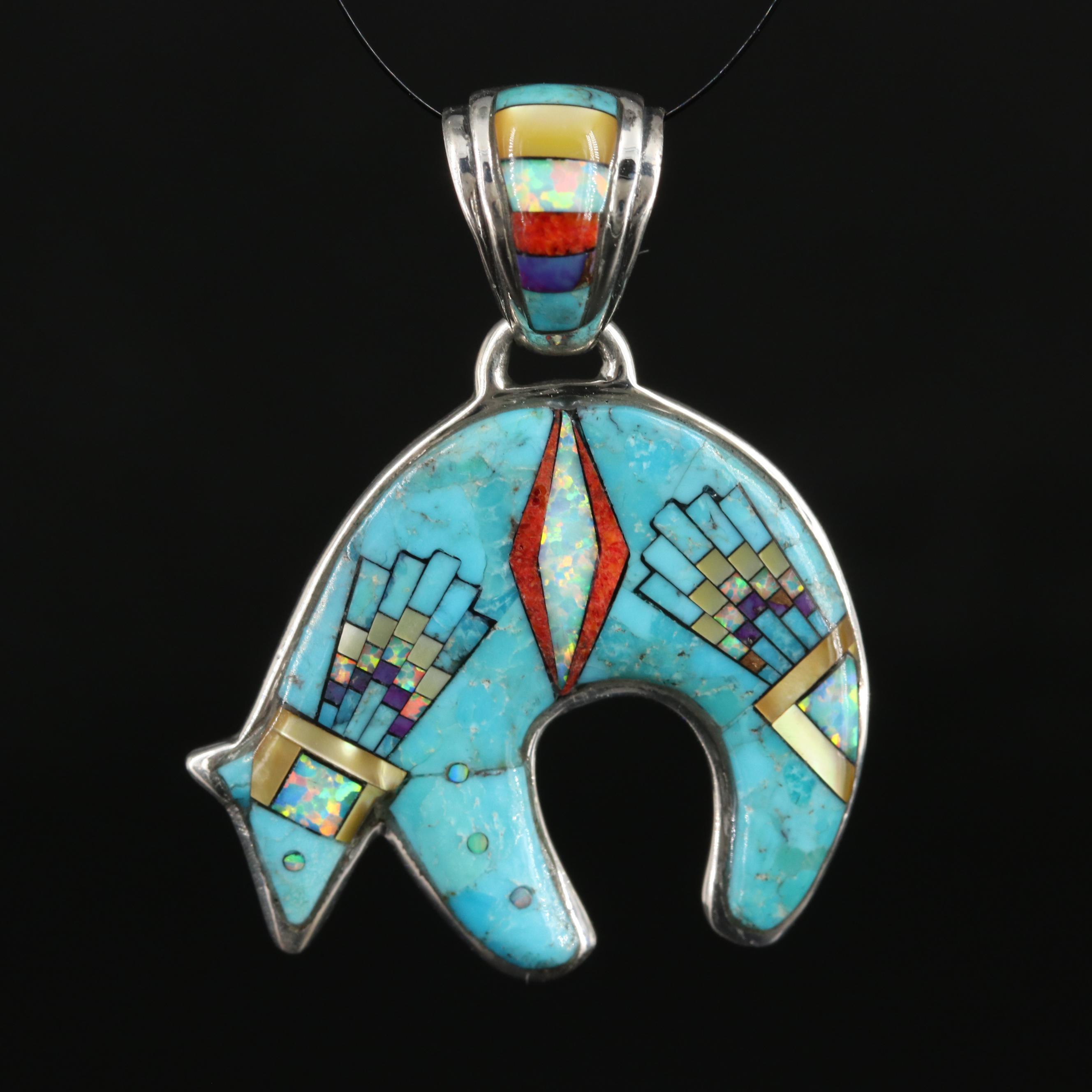 Sterling Gemstone Inlay Bear Pendant