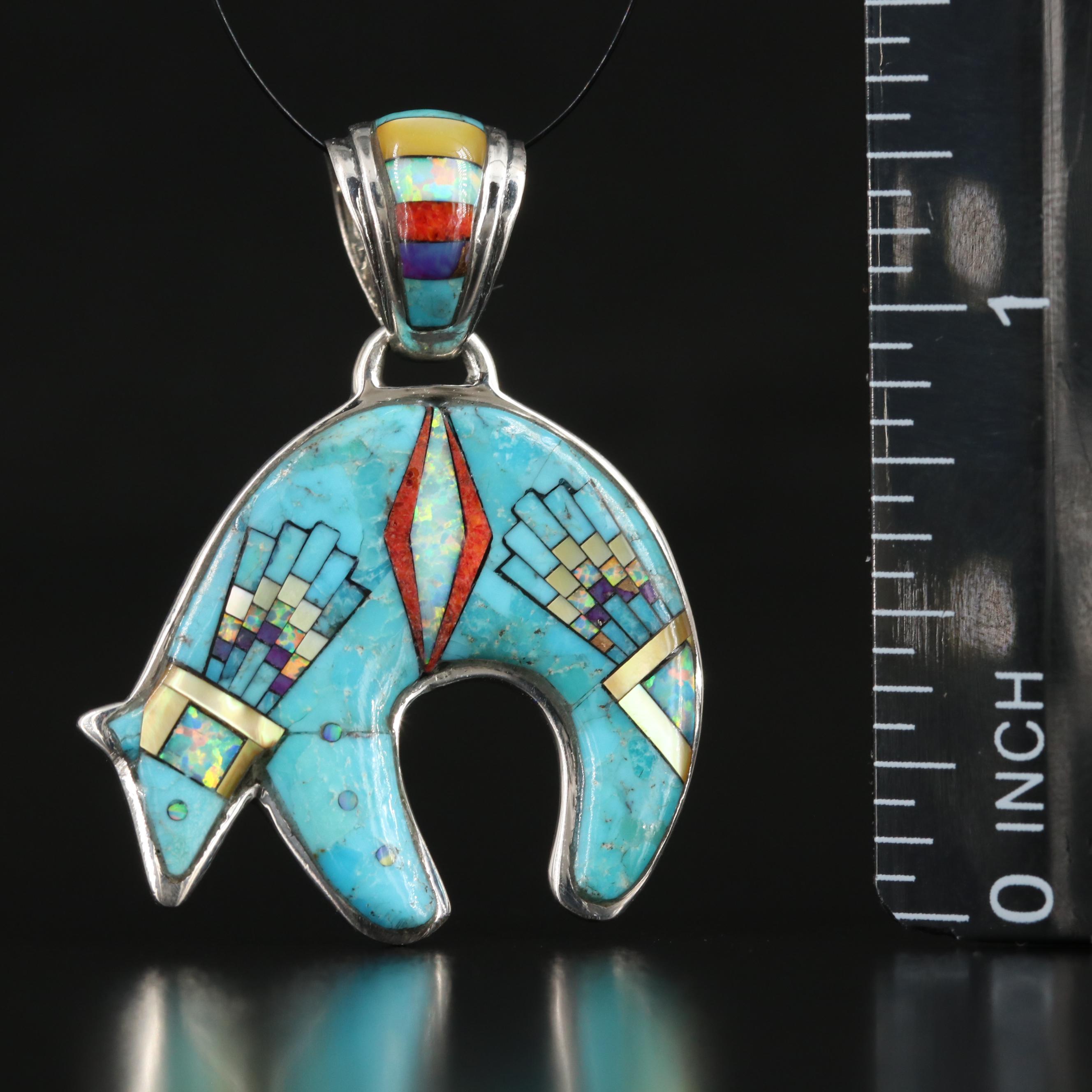 Sterling Gemstone Inlay Bear Pendant