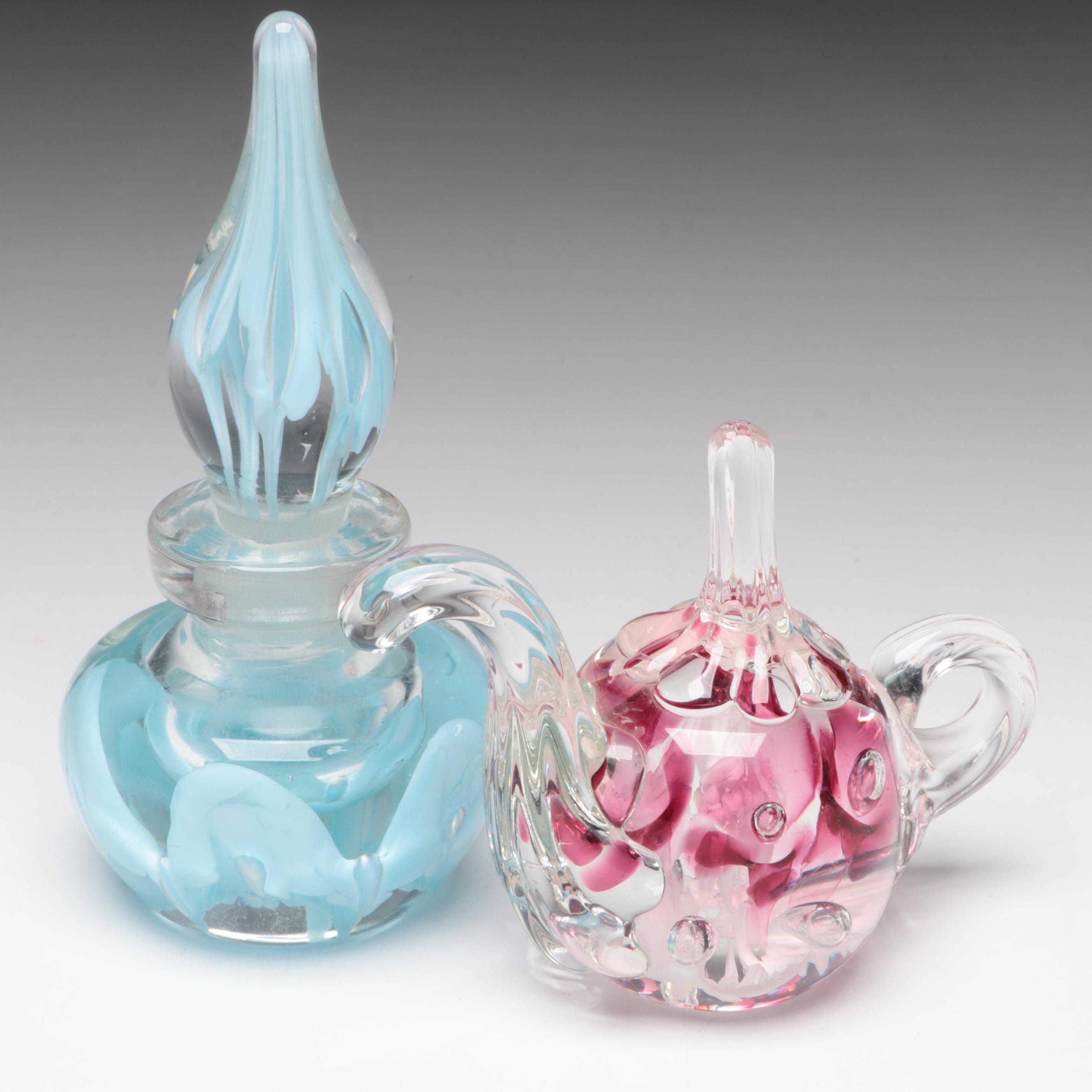 Joe Rice Studio Art Glass Teapot Ring Holder and Joe Zimmerman Perfume Bottler