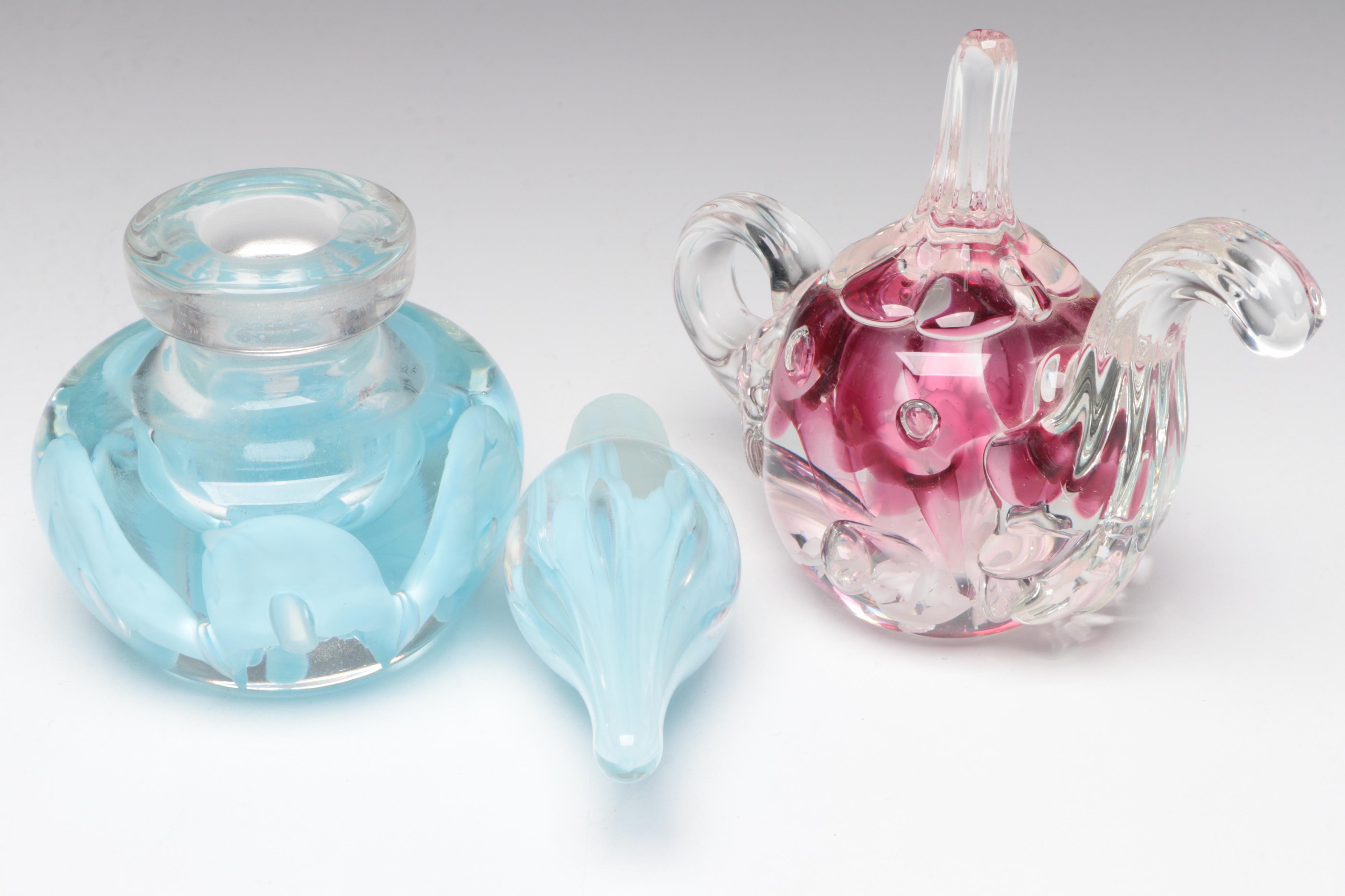 Joe Rice Studio Art Glass Teapot Ring Holder and Joe Zimmerman Perfume Bottler