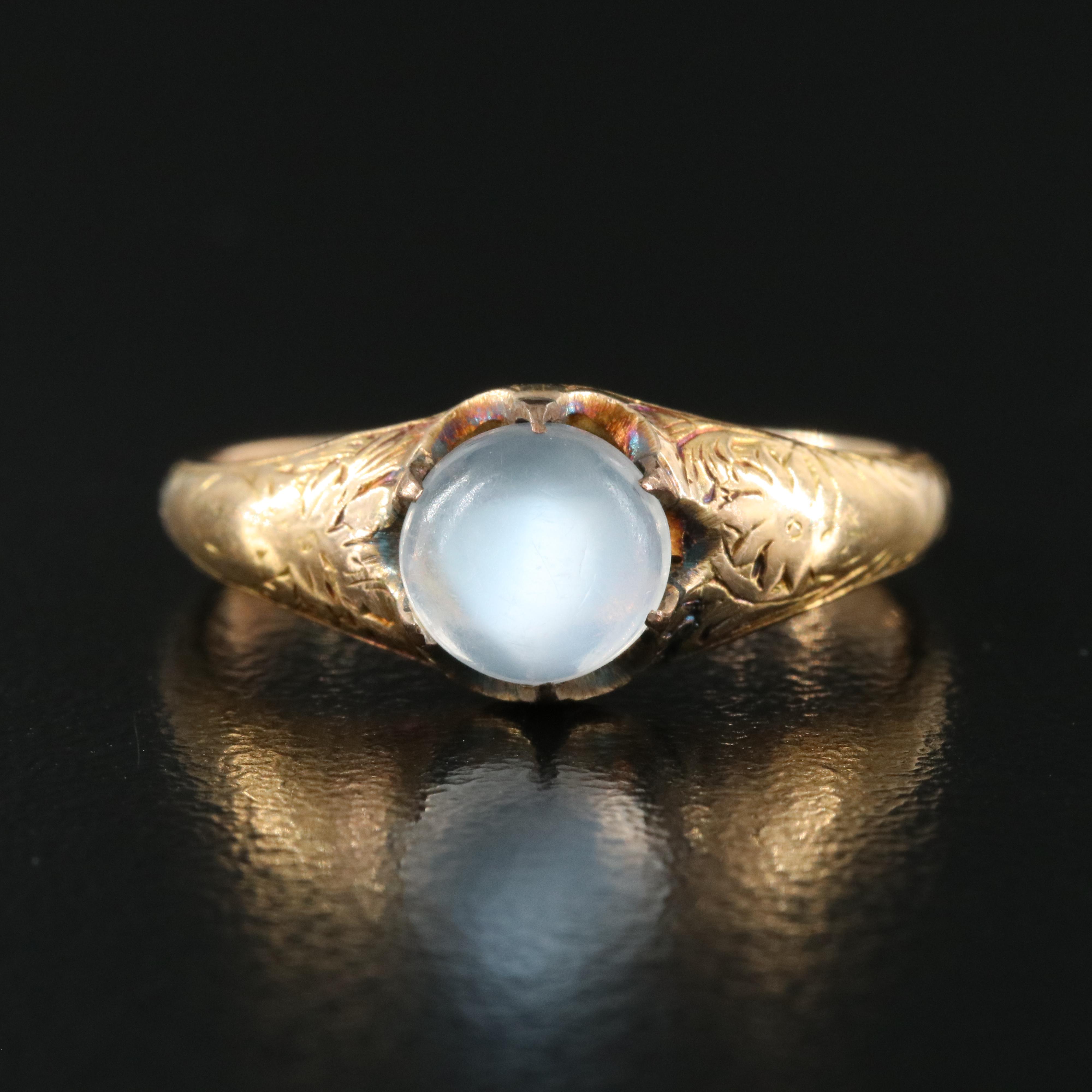 Antique 14K Moonstone Engraved Floral Ring