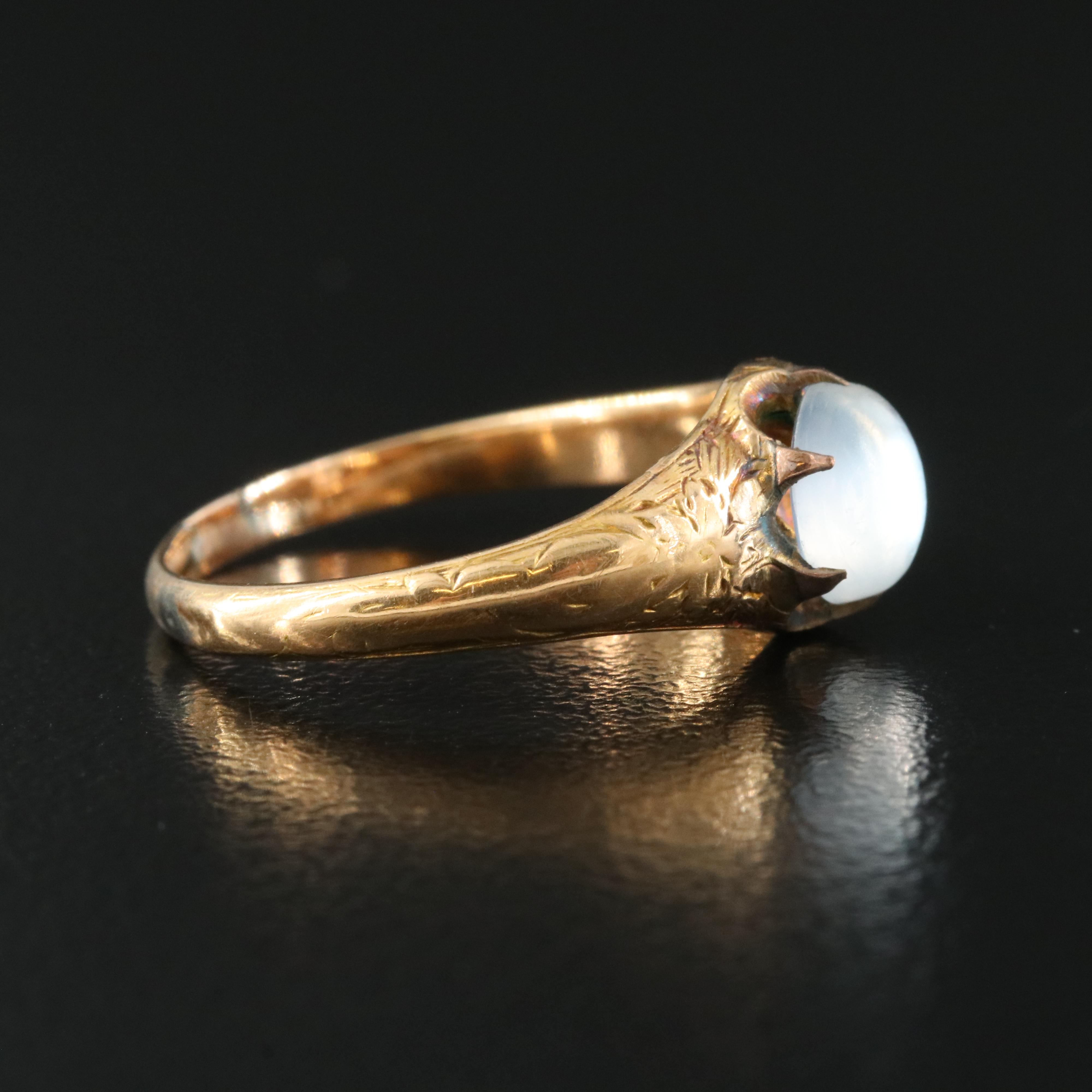Antique 14K Moonstone Engraved Floral Ring