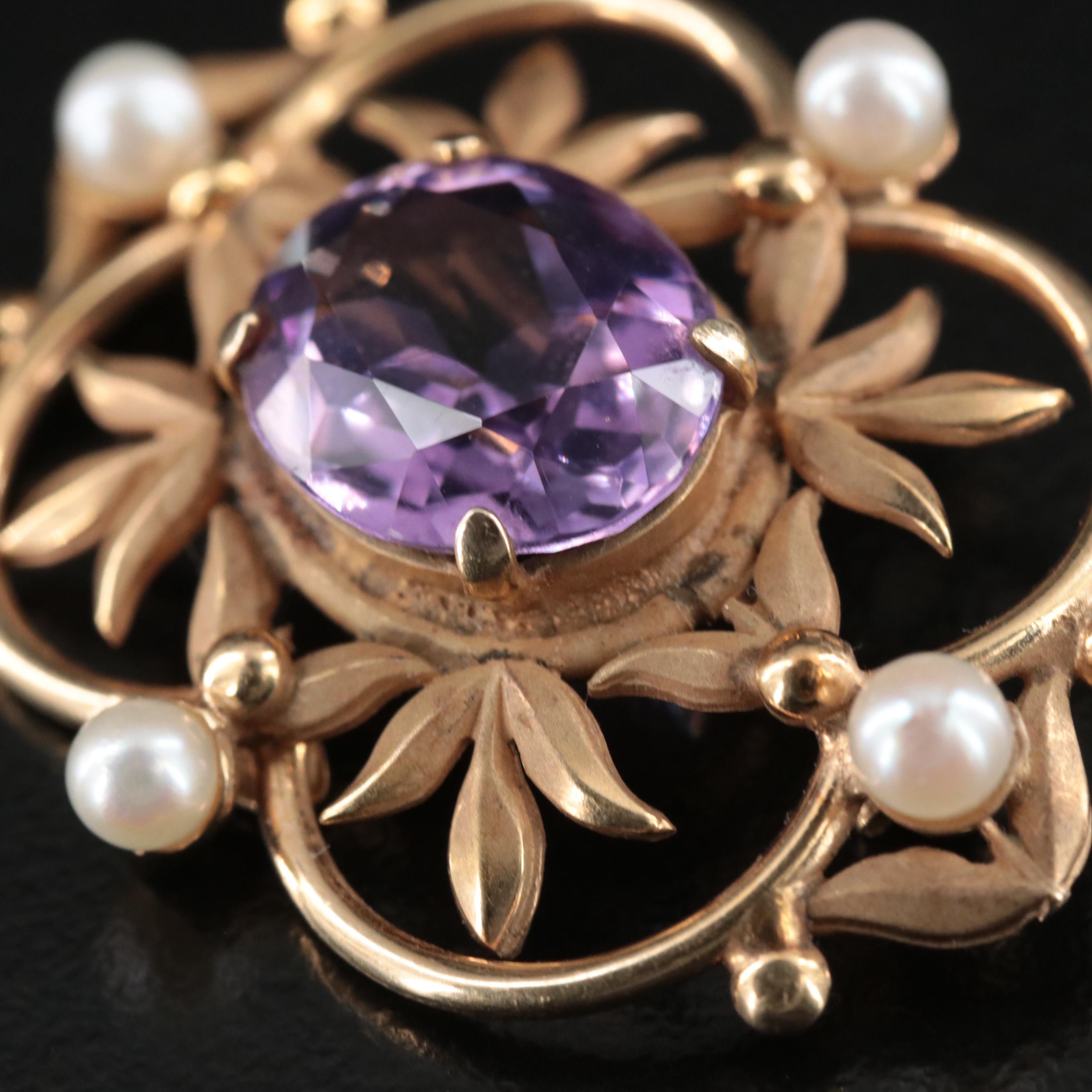 Vintage Binder Brothers 14K Amethyst and Seed Pearl Brooch EBTH