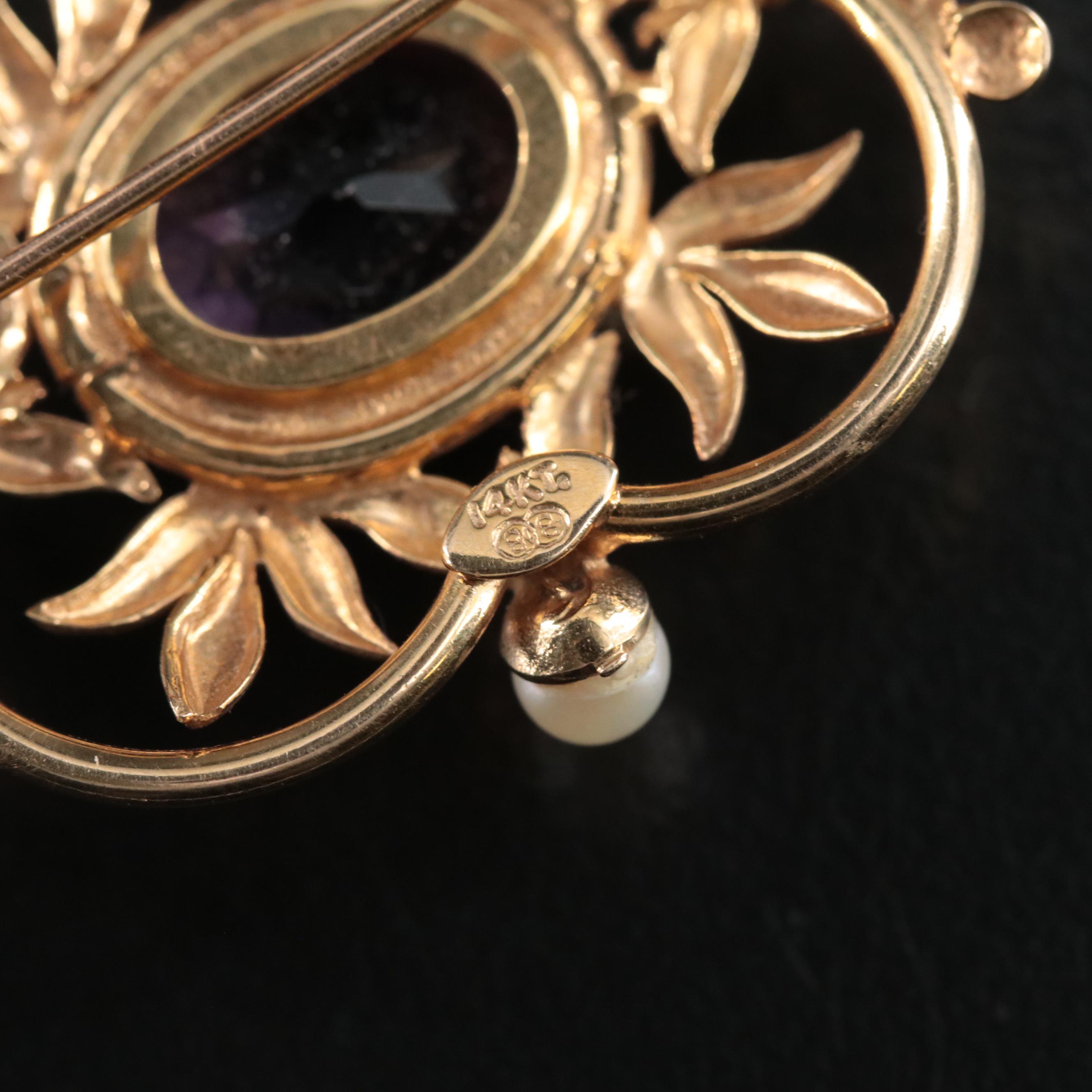 Vintage Binder Brothers 14K Amethyst and Seed Pearl Brooch EBTH
